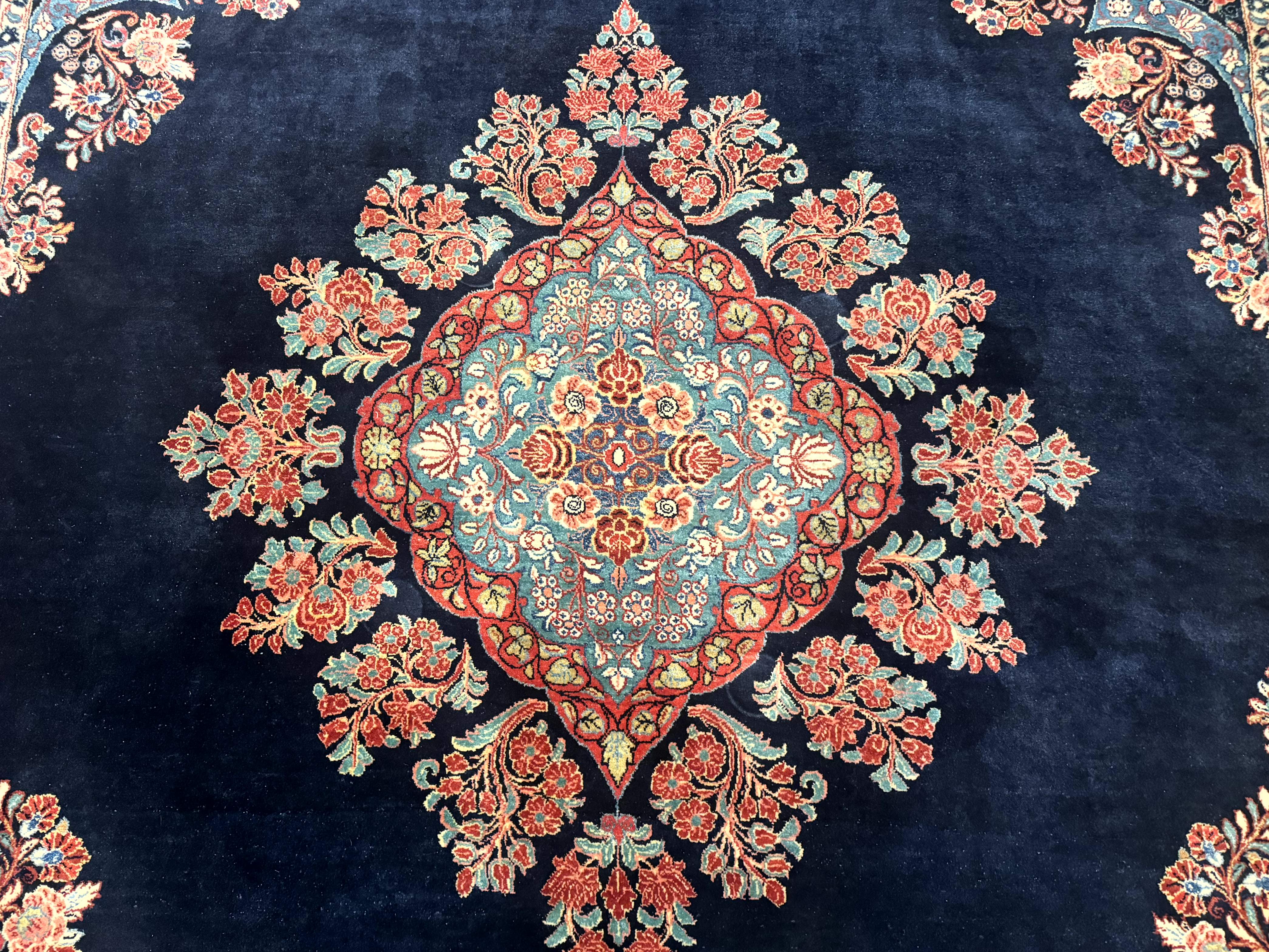 Persian Sarouk Rug 10x16 – Navy Blue and Red, Hand-Knotted Wool Antique Carpet - Jewel Rugs