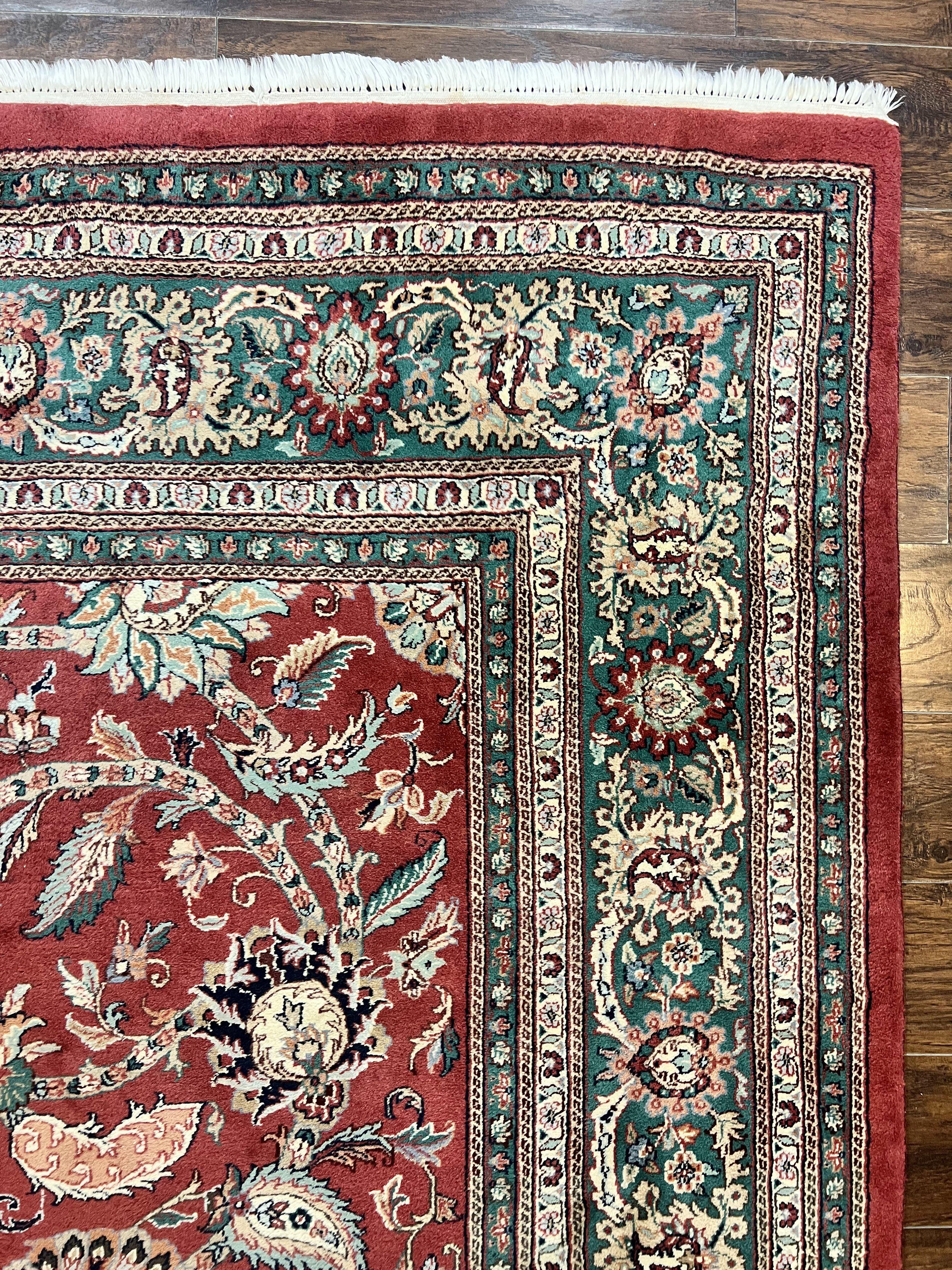 Indo Persian Rug 9x12, Wool Hand Knotted Vintage Carpet, Red & Green, Floral Allover 9 x 12 Room Sized Oriental Rug - Jewel Rugs