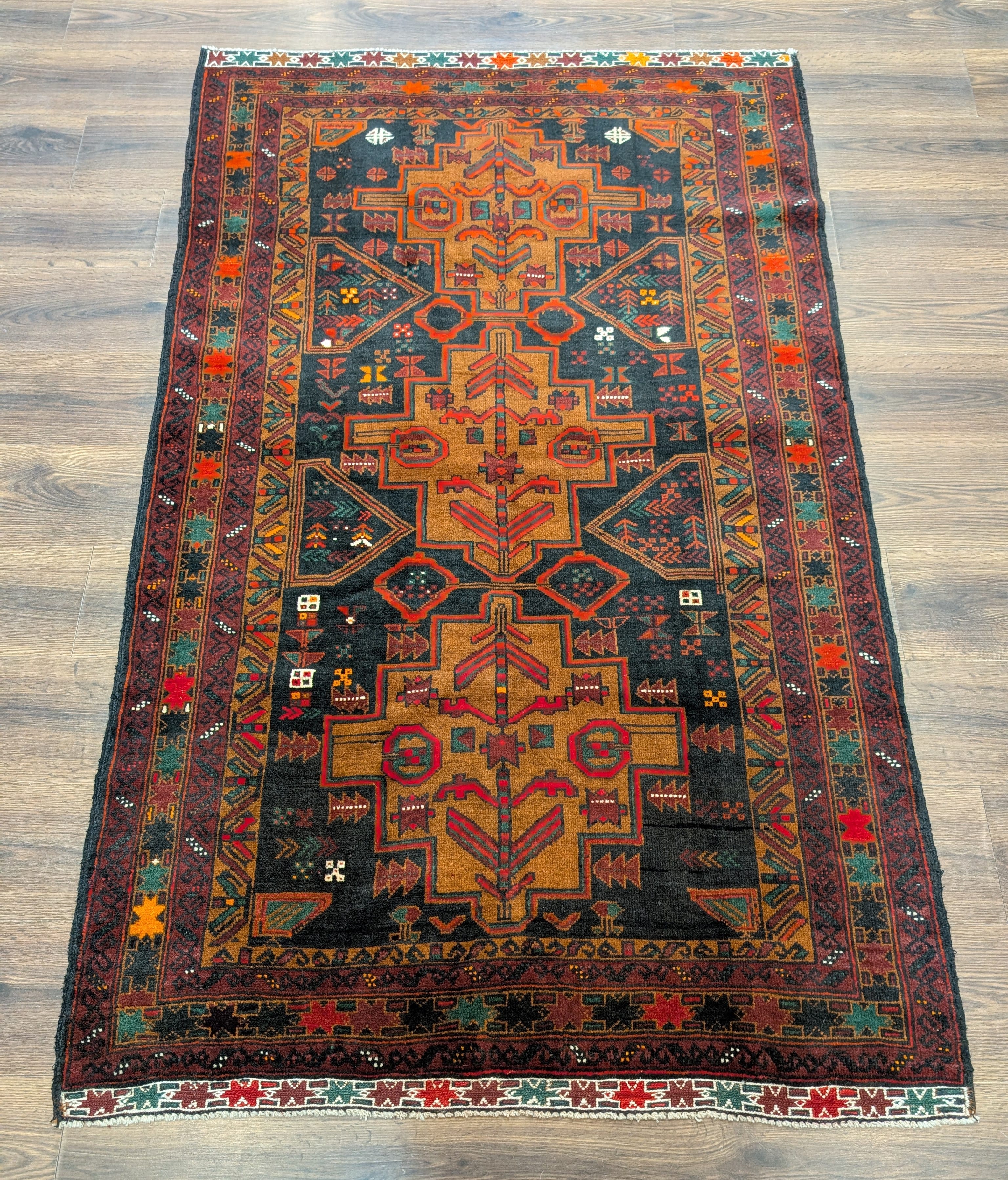 Afghan Baluch Rug 4x6, Tribal, Geometric, Unique Colors, Triple Medallions, Wool, New - Jewel Rugs