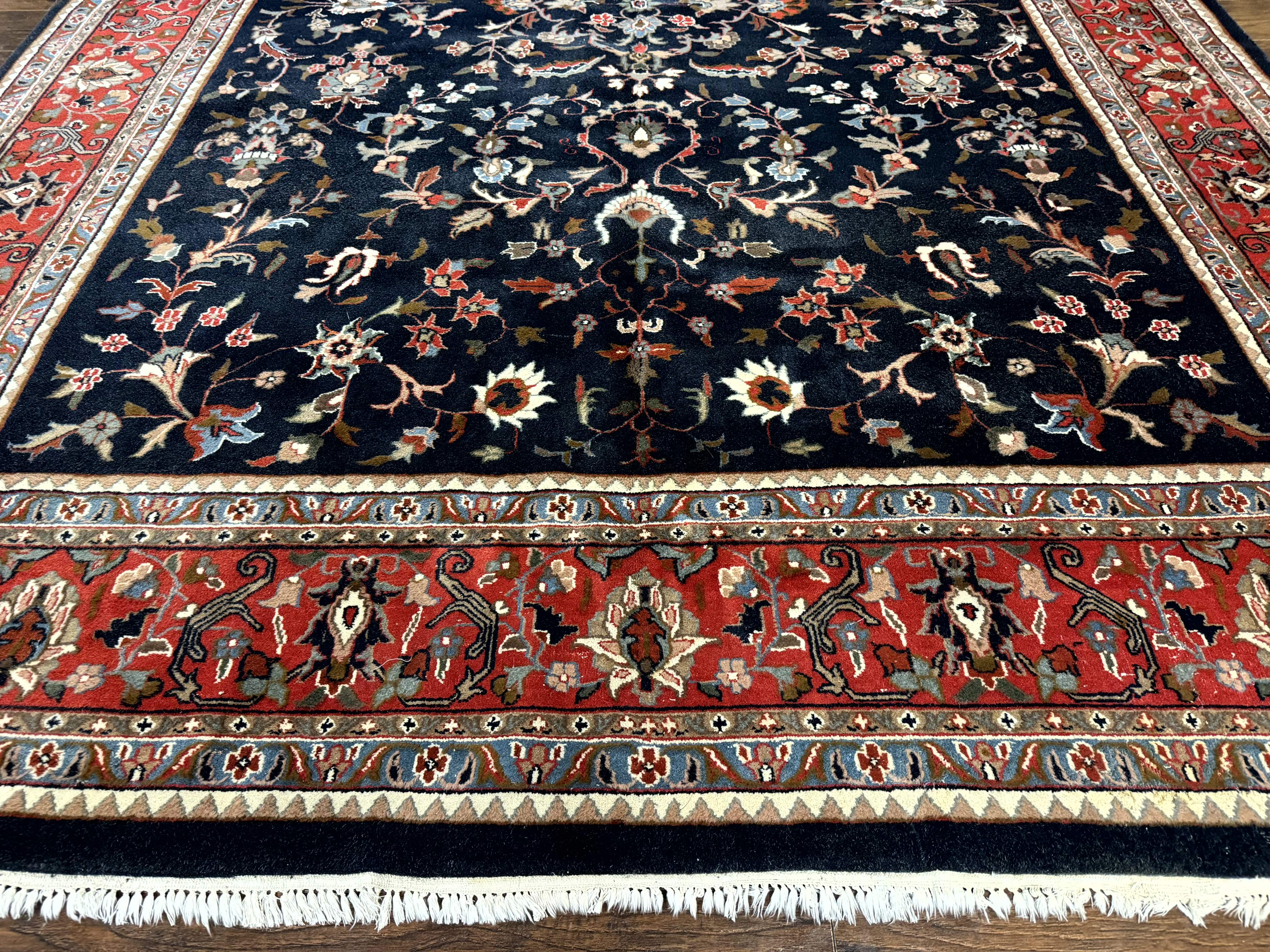 Indo Persian Sarouk Rug 9x12 – Navy and Red, Hand-Knotted Wool Vintage Carpet, Allover Pattern - Jewel Rugs