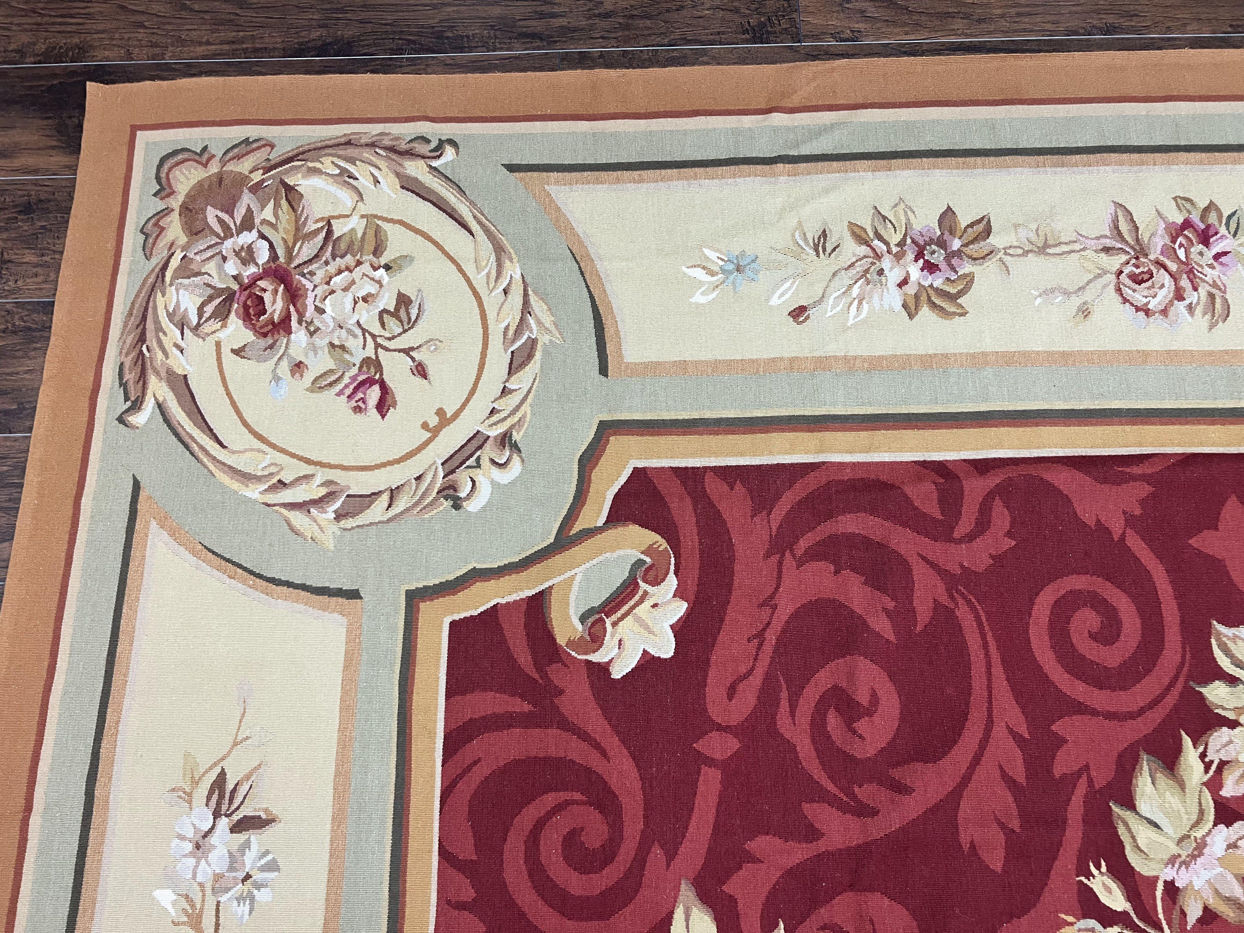 Large Aubusson Rug 10x14, Wool Handmade Vintage Carpet, Dark Red Ivory Tan, French European Elegant Aubusson Weave Rug - Jewel Rugs