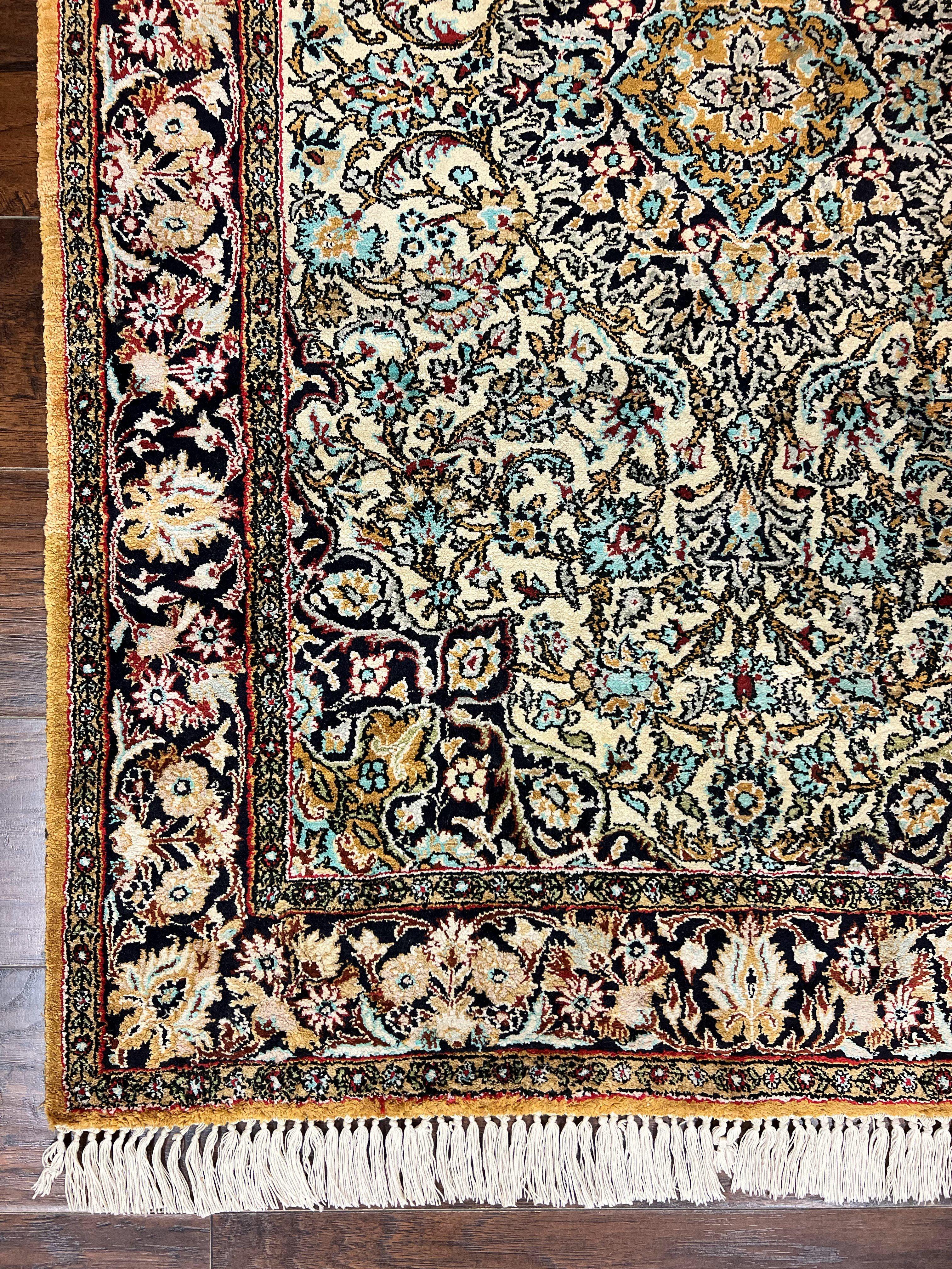 Silk Persian Qum Rug 4x5, Hand Knotted Vintage Carpet, Cream & Navy Blue, Silk Pile on Silk Foundation, Very Fine 360 KPSI - Jewel Rugs