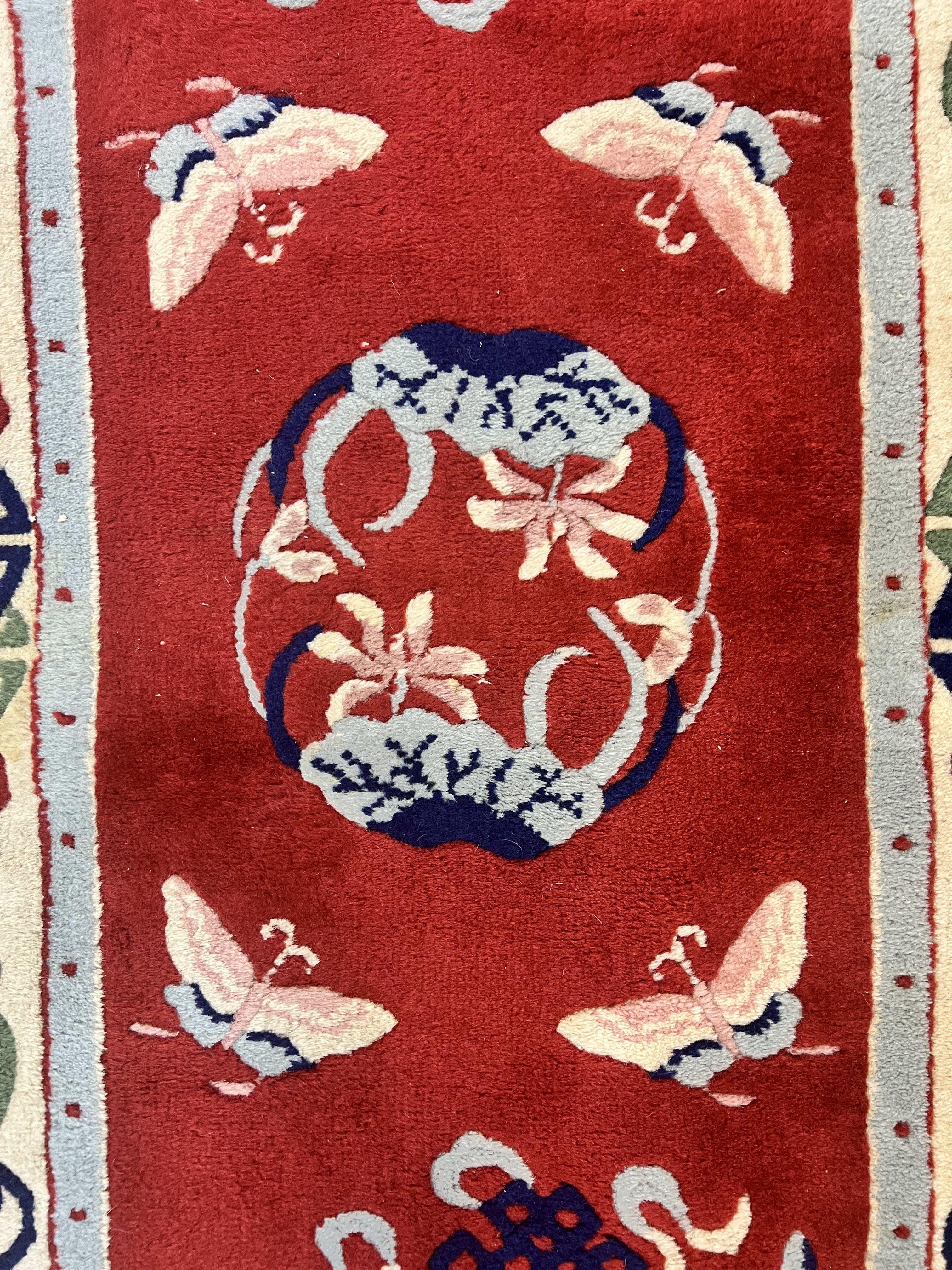 Chinese Wool Runner Rug 2x11, Red and Cream, Butterflies, Handmade Vintage Wool Asian Oriental Carpet 2 x 11, Chinese Carving Rug, 120 Line - Jewel Rugs