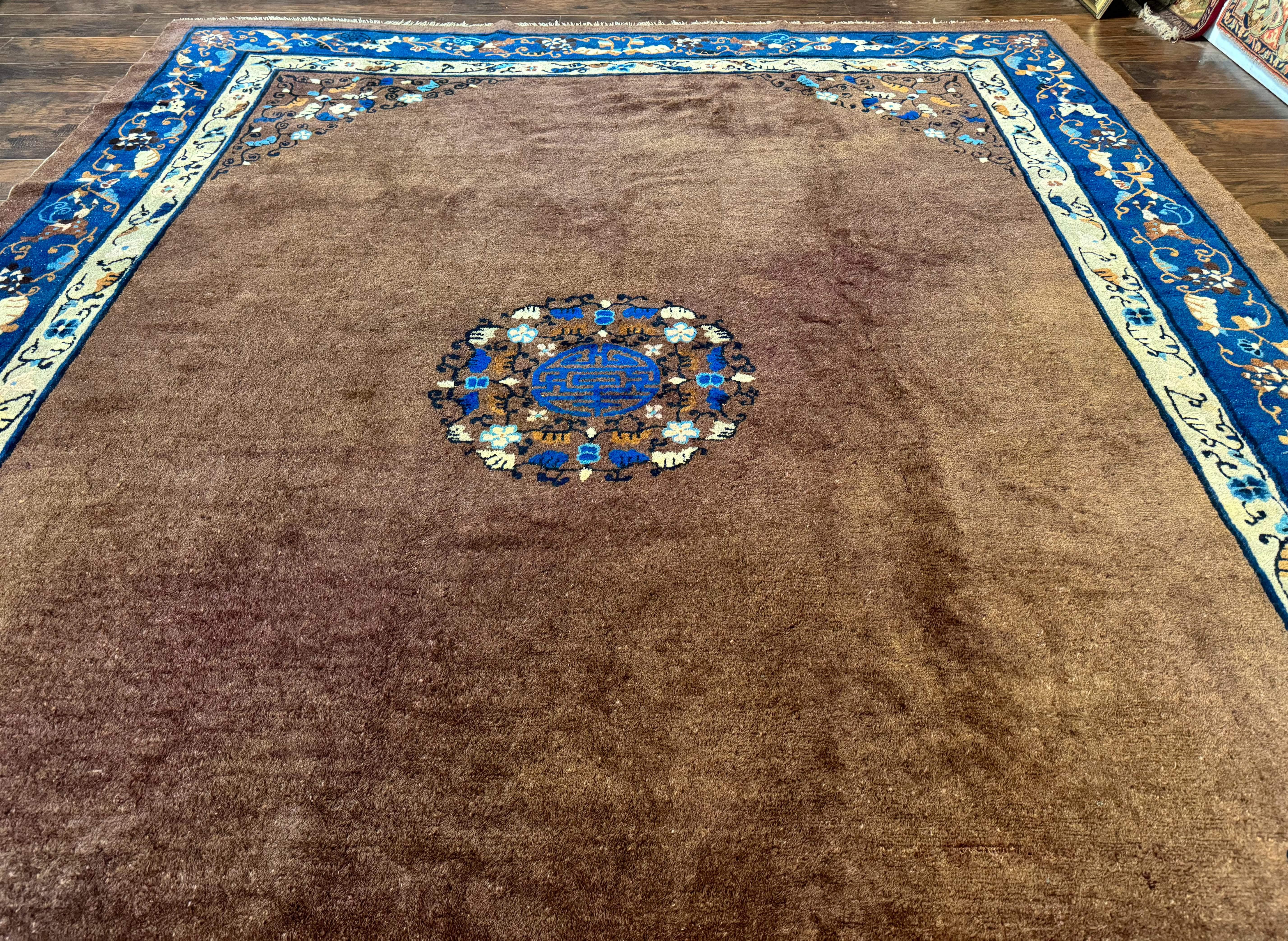 Antique Chinese Wool Rug 9x11, Large Chinese Art Deco Rug, Peking Rug, Brown and Blue, Open Field, Fete Rug - Jewel Rugs