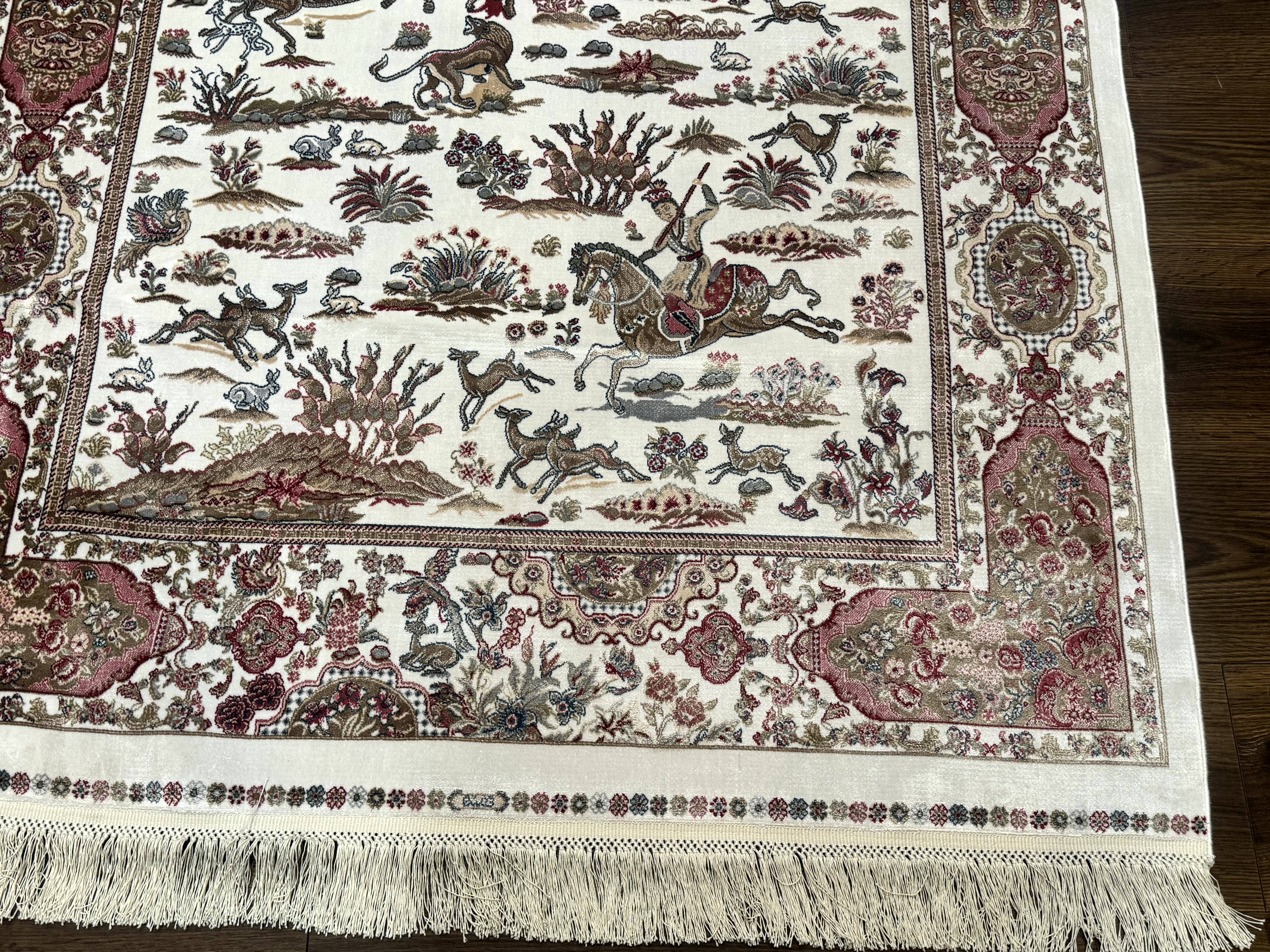 Turkish Silk Hunting Scene Rug 4x6, Ivory, Bamboo Silk, New - Jewel Rugs