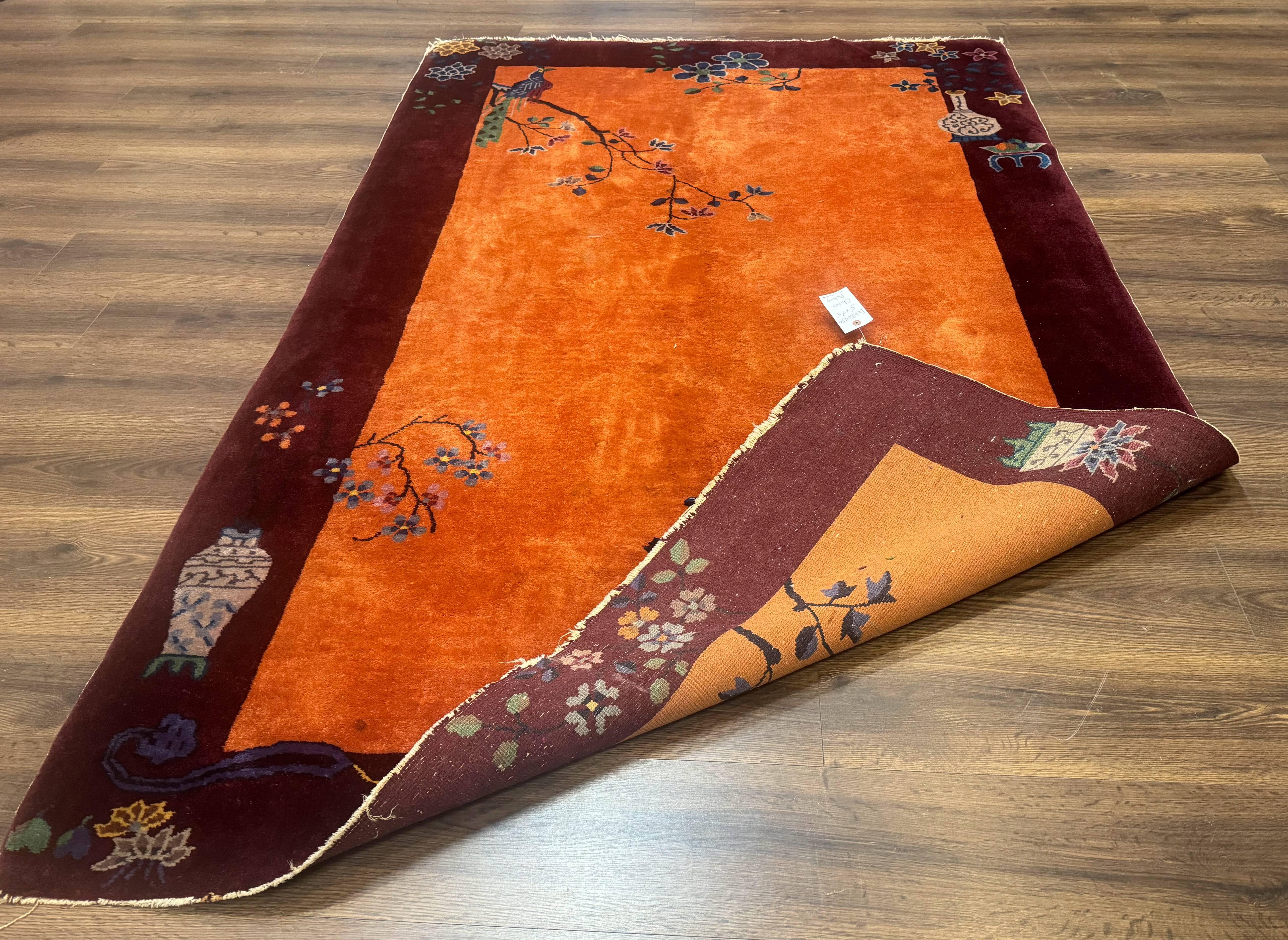 Chinese Art Deco Rug 5x8, Antique Chinese Wool Rug, Nichols Rug, Rare Chinese Carpet, Orange and Purple-Maroon - Jewel Rugs
