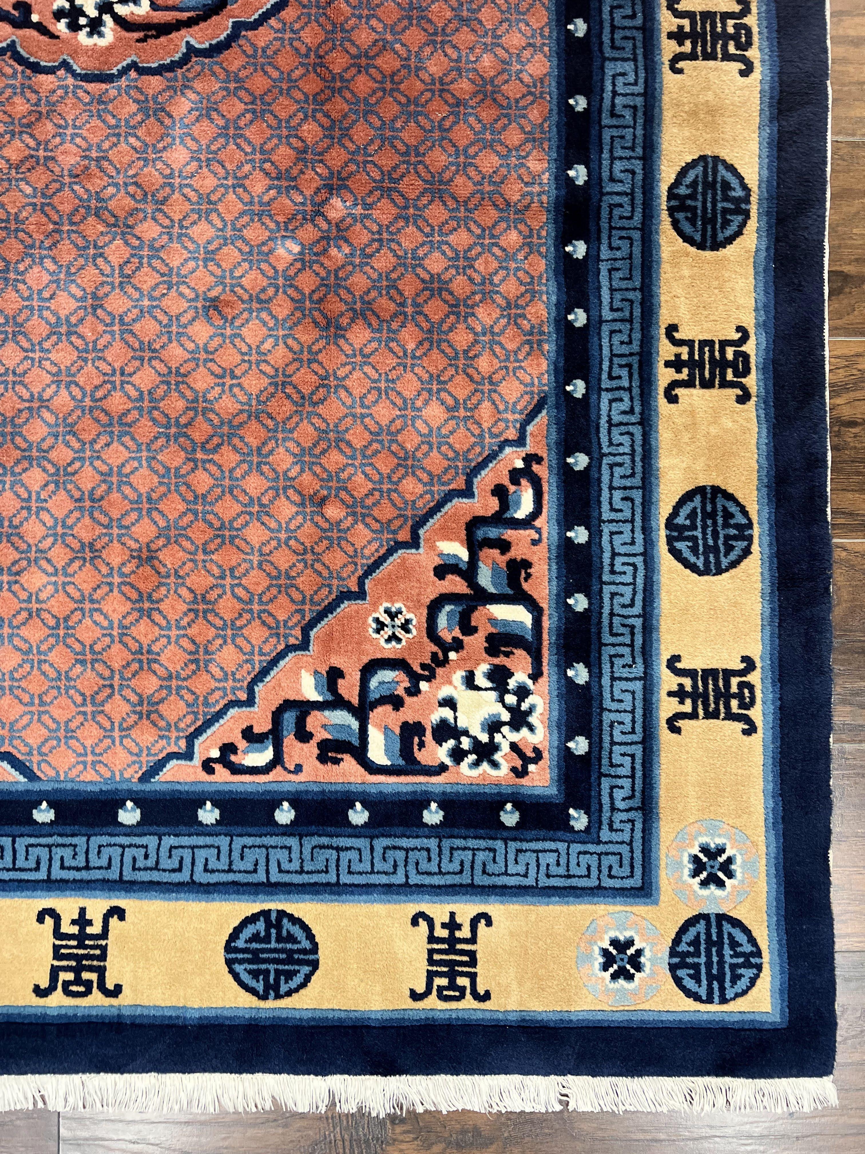 Chinese Peking Rug 5x8, Vintage Semi Antique Chinese Art Deco Carpet, Wool Pile Light Red/Salmon Gold Navy Blue, Handmade Asian Oriental Rug - Jewel Rugs