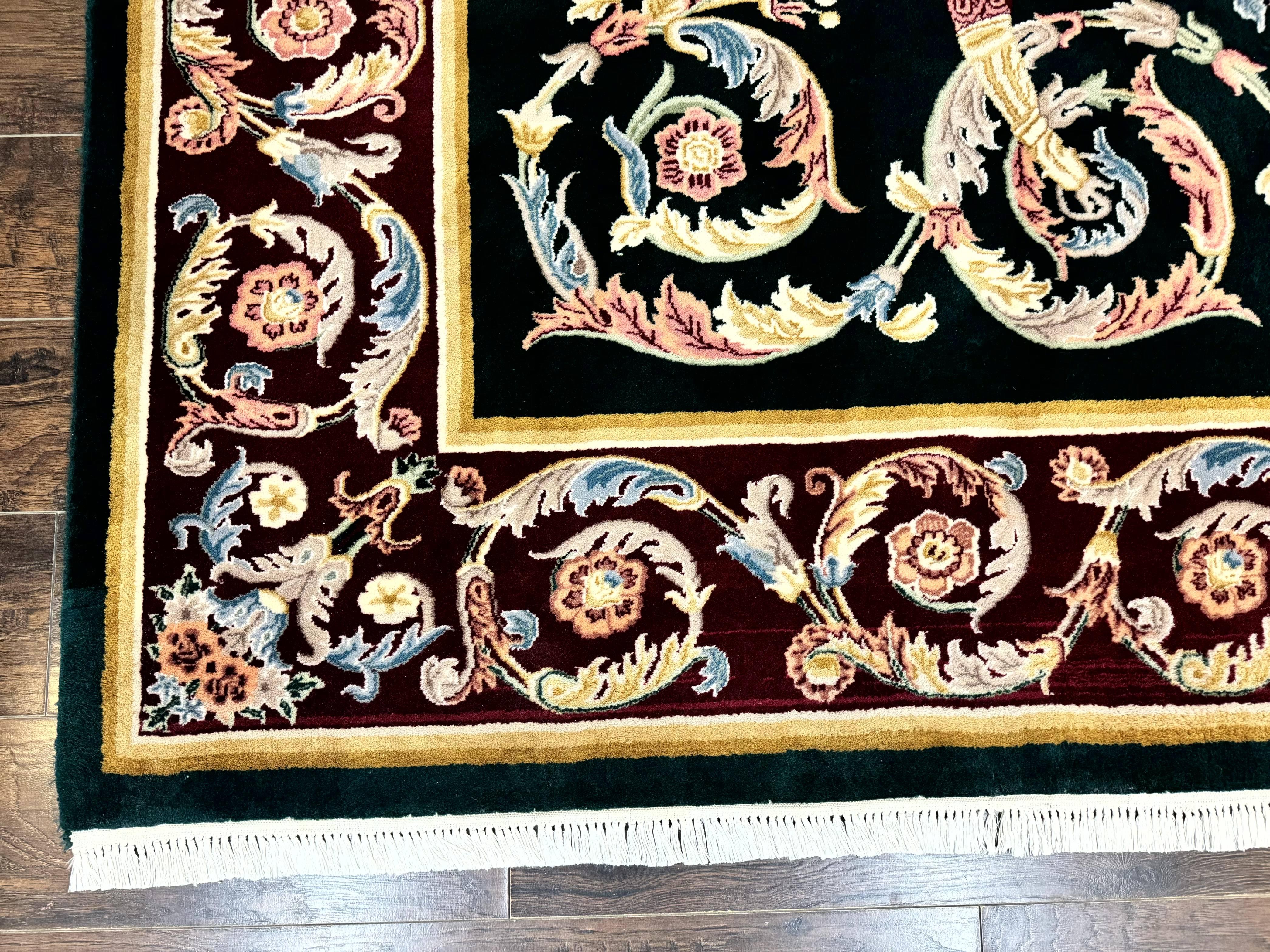 Aubusson Rug 9x12, Dark Green, European Design, Vintage Fine Handmade Carpet, Elegant - Jewel Rugs