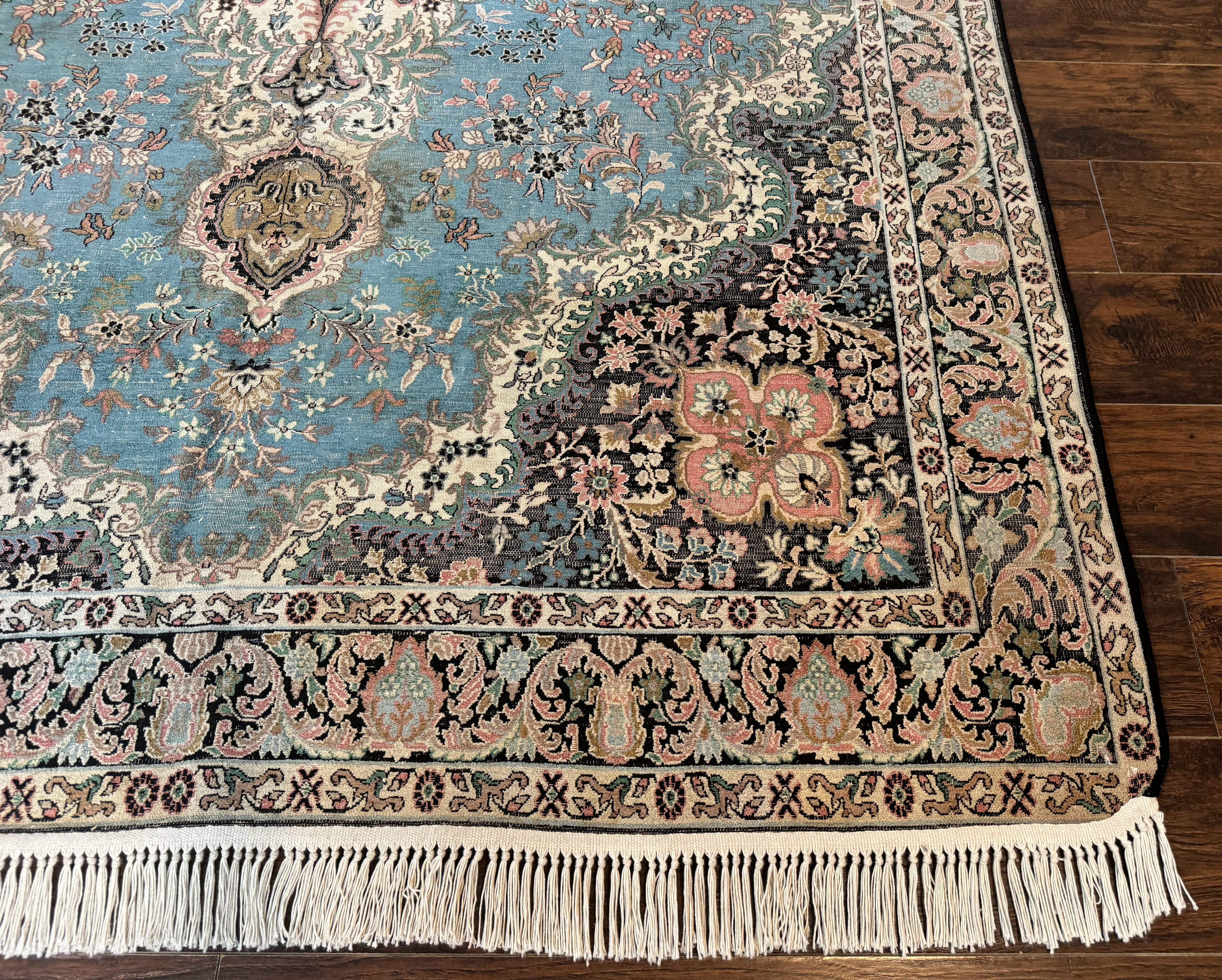 Silk Indian Kashmiri Rug 7x10 – Light Blue, Handmade Vintage Carpet, Low Pile - Jewel Rugs