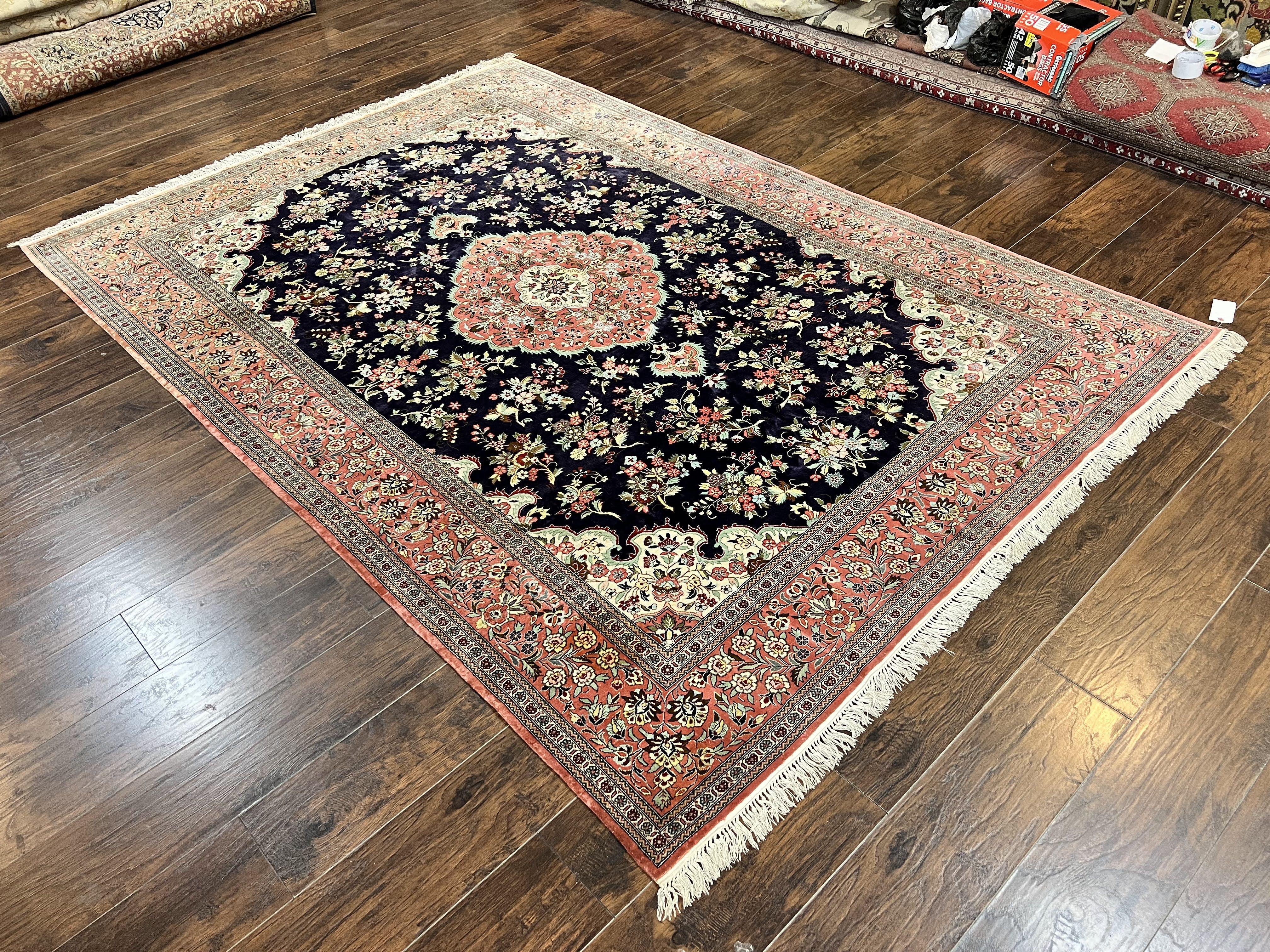 Stunning Silk Persian Qum Rug 7x9, Finely Hand Knotted Navy Blue & Salmon Floral Medallion Authentic Oriental Carpet, Vintage Handmade Silk Ghom Rug, Silk on Silk - Jewel Rugs