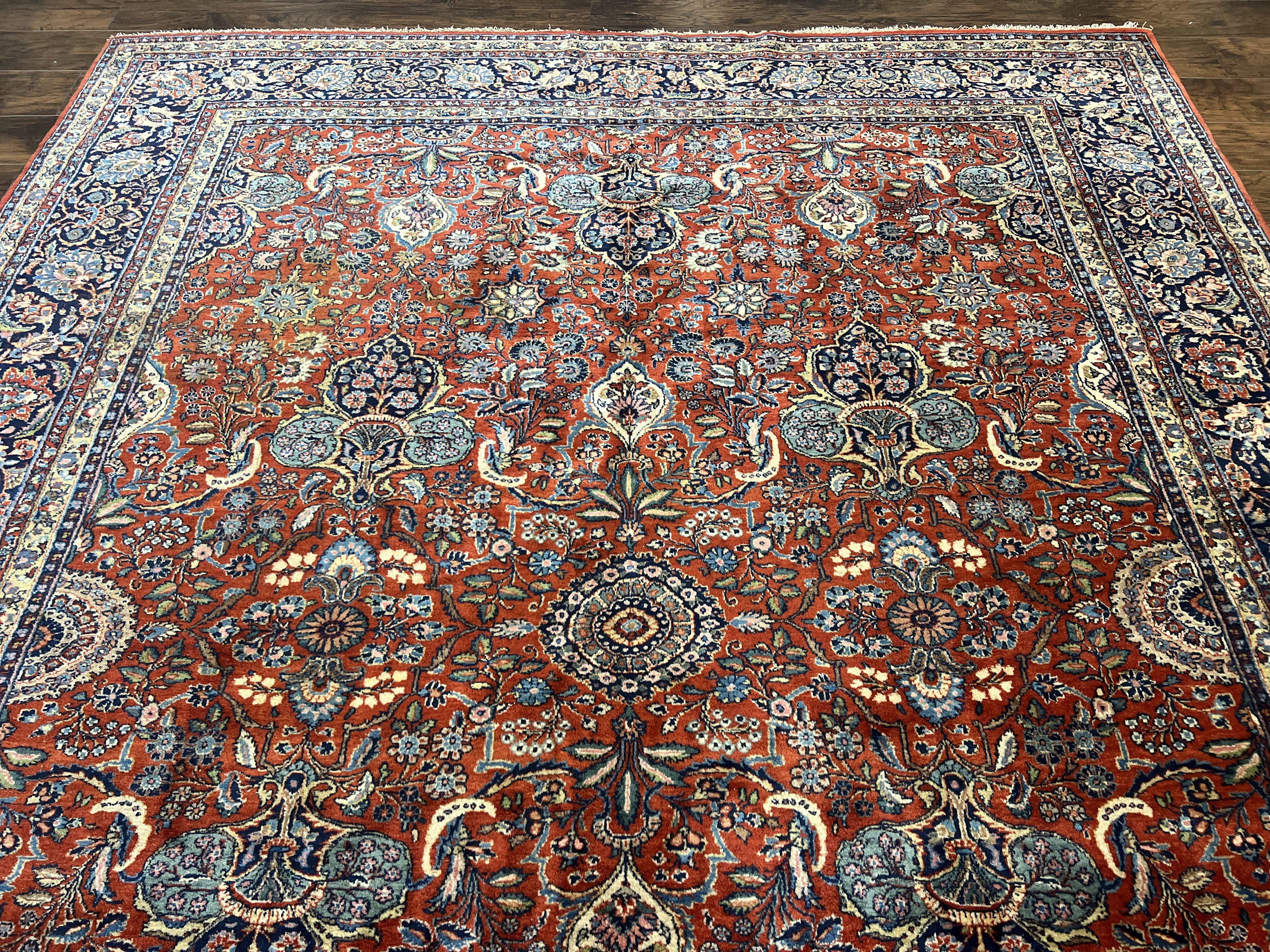 Persian Sarouk Rug 9x12, Red and Dark Blue Floral Allover Antique Persian Carpet, Handmade Wool Qazvin Rug - Jewel Rugs
