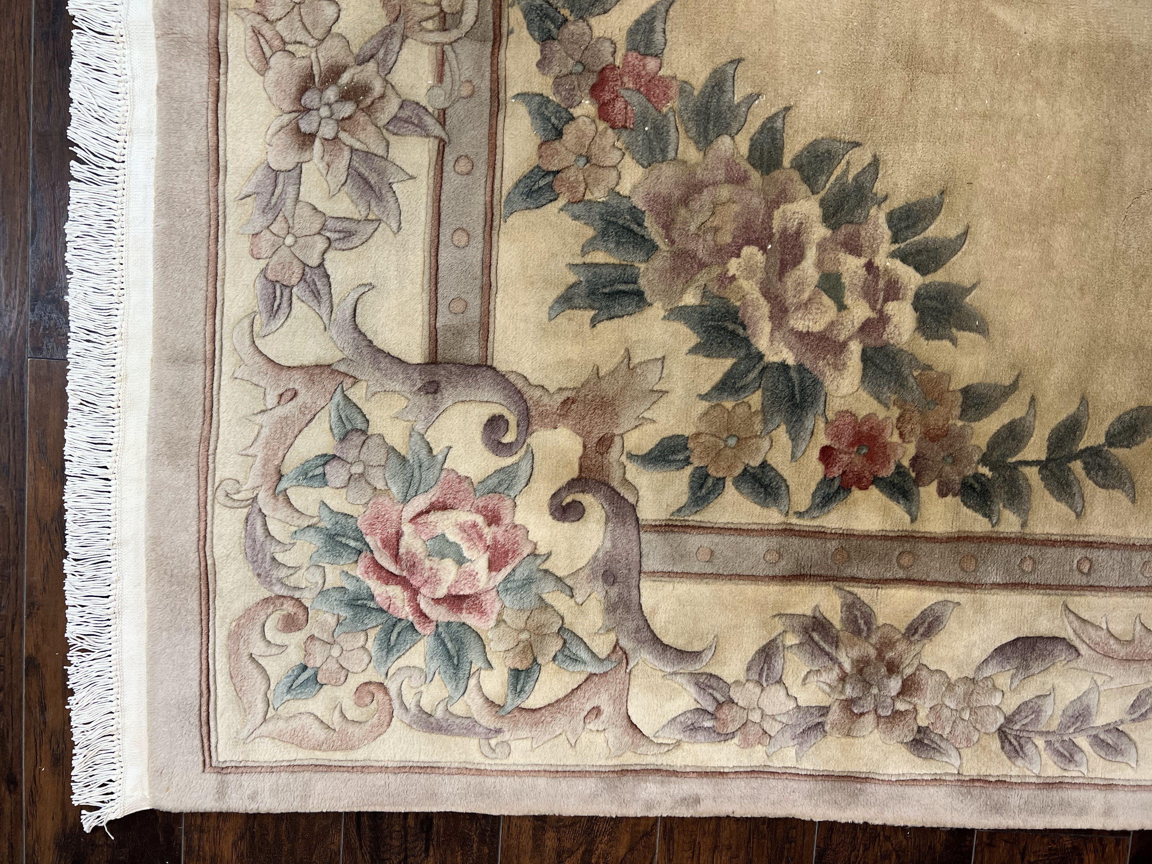 Chinese 90 Line Rug 9x12 ft, Vintage 1960s Chinese Wool Pile Aubusson Area Rug 9 x 12 ft, Tientsin Asian Oriental Rug, Floral - Jewel Rugs