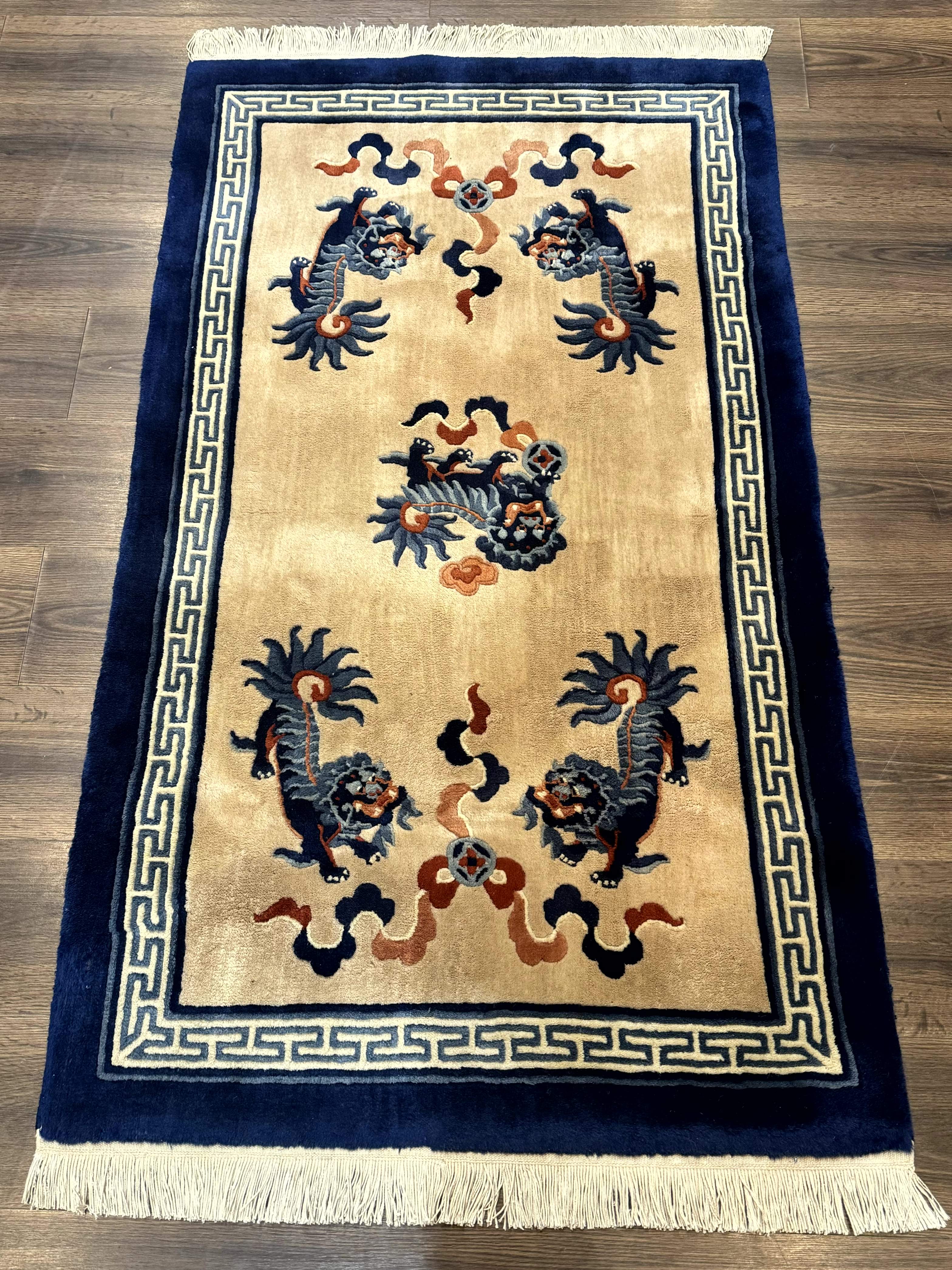 Chinese Peking Rug 3x5, Dragons, Beige and Blue, Wool Chinese Carpet - Jewel Rugs