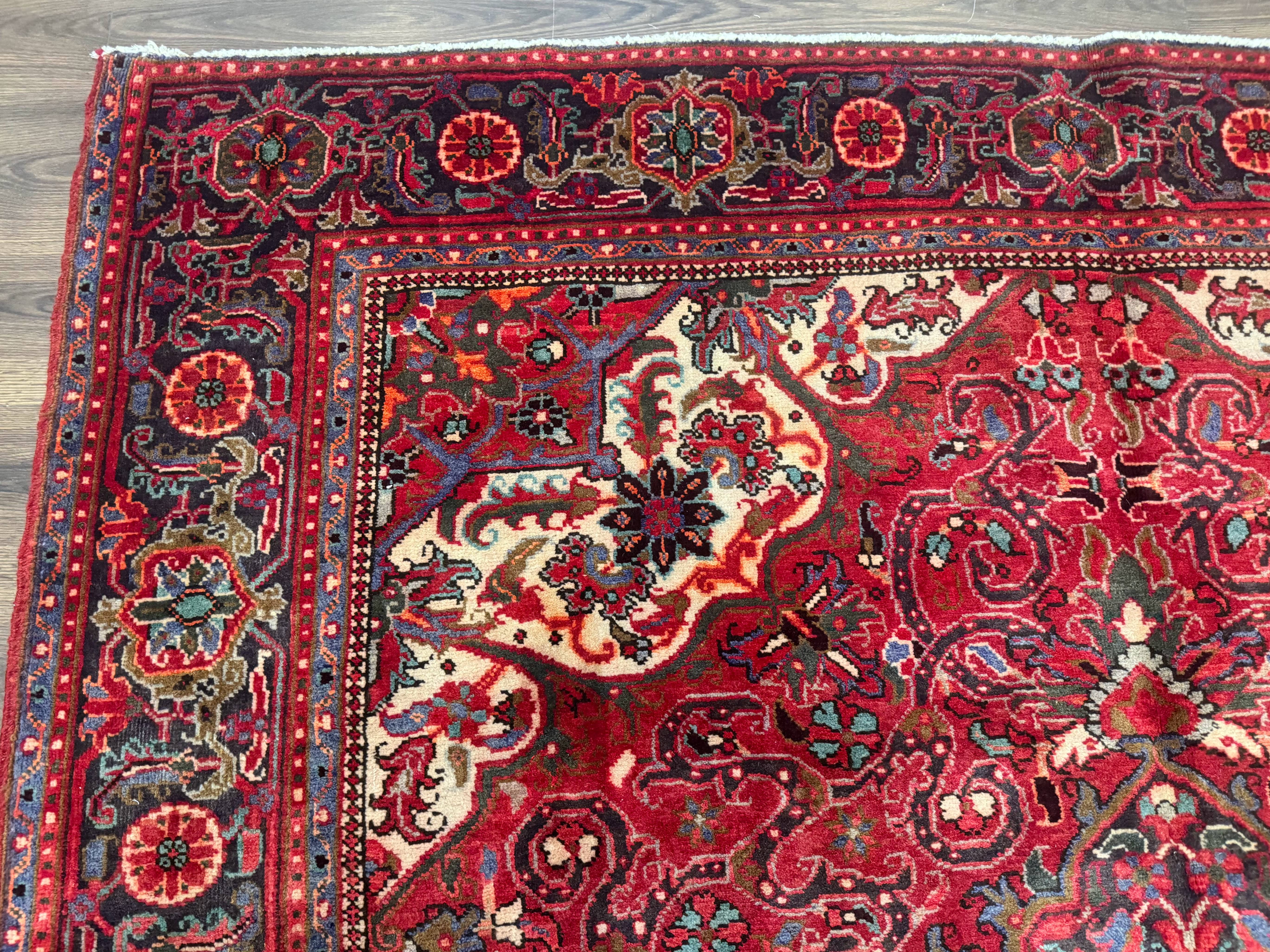 Persian Heriz Rug 7x10, Red and Navy, Geometric Medallion, Vintage Wool Carpet - Jewel Rugs