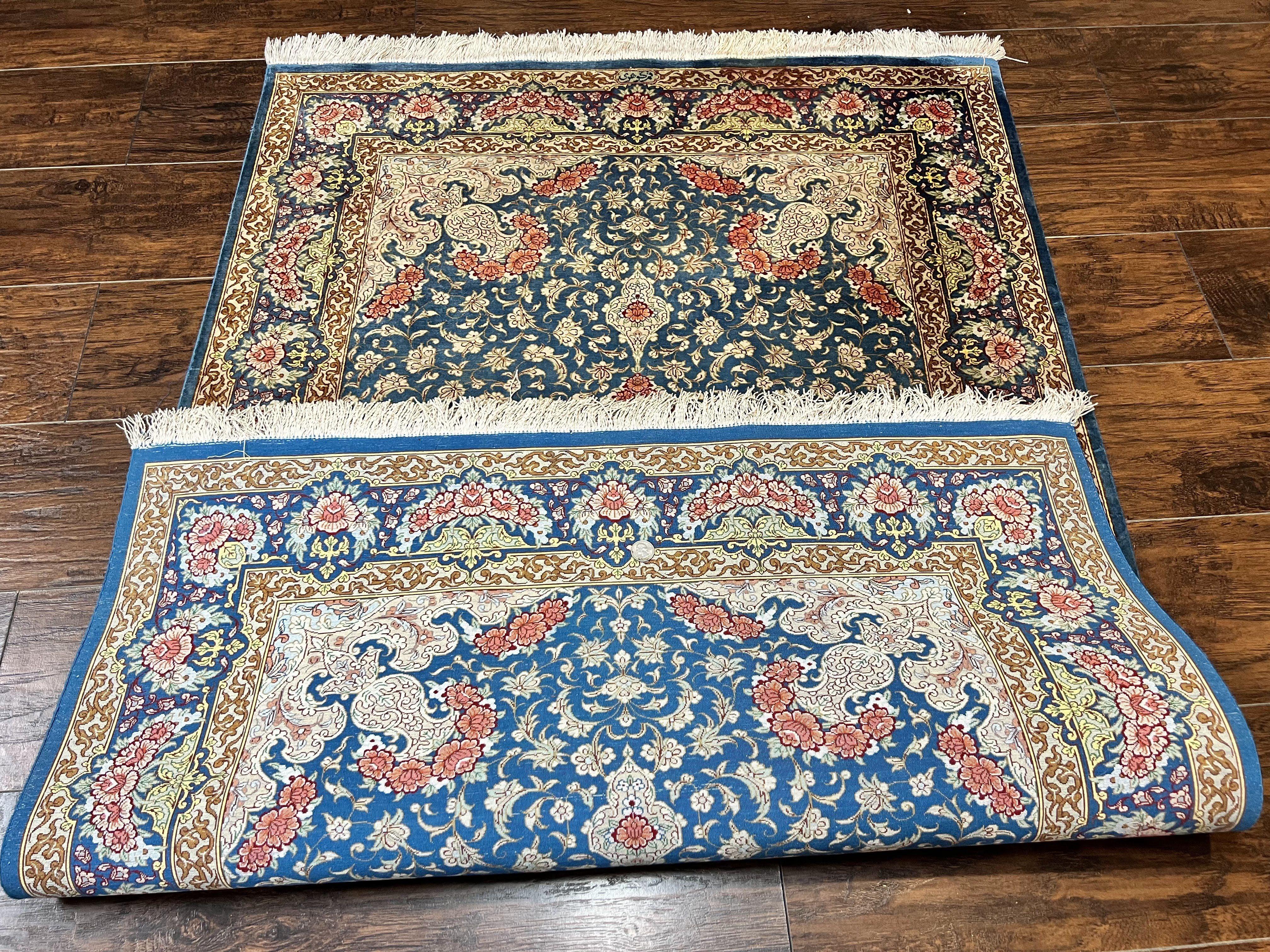 Magnificent Persian Qum Silk Rug 3x5, Blue, Super Fine 675 KPSI - 70 Raj, Floral Roses, Handmade Vintage Silk Carpet, Masterpiece - Jewel Rugs