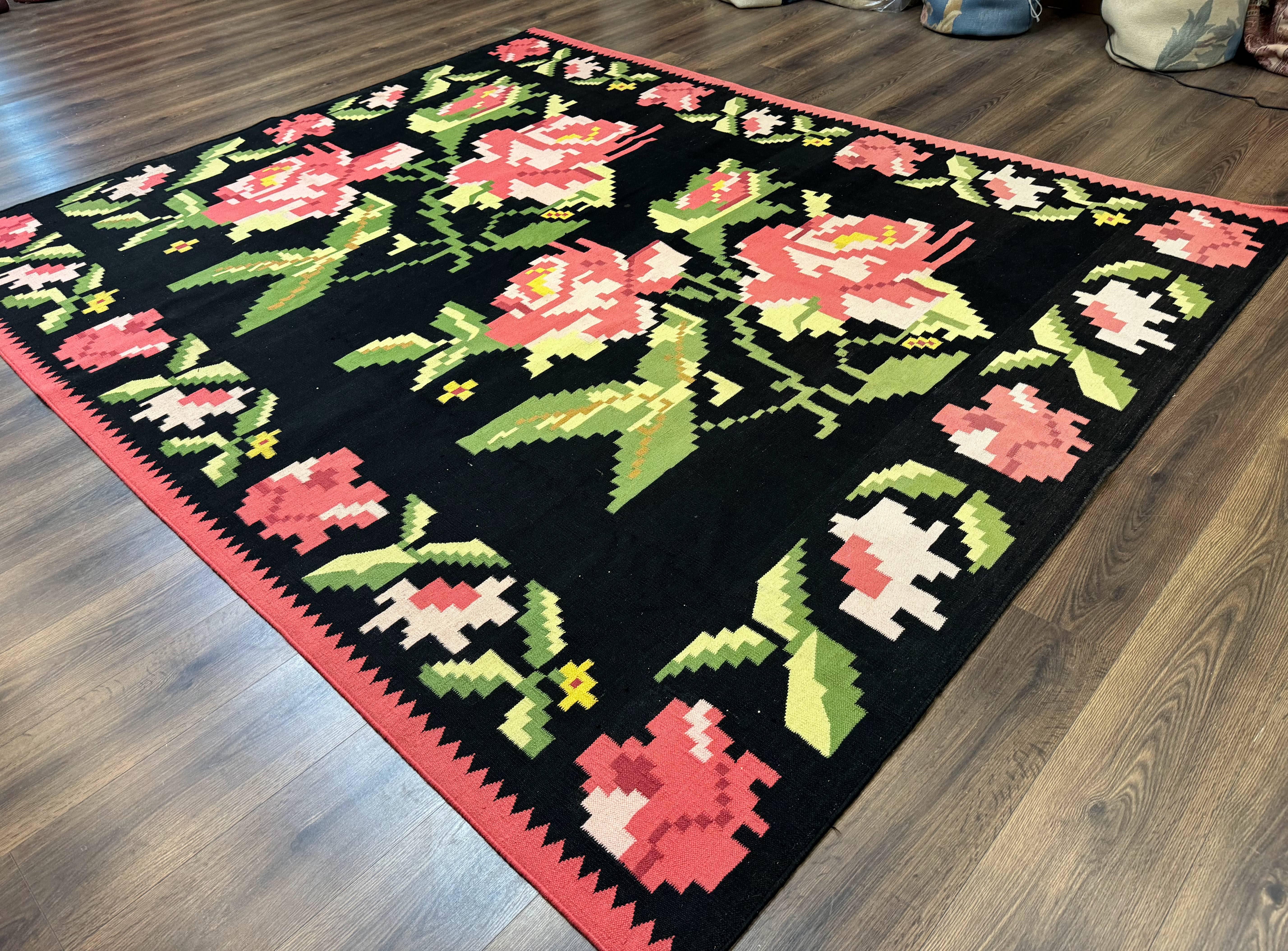 Large Indian Dhurrie Rug 8x10, Black Pink Green, 8 x 10 Kilim Rug, Handmade, Wool, Floral - Jewel Rugs