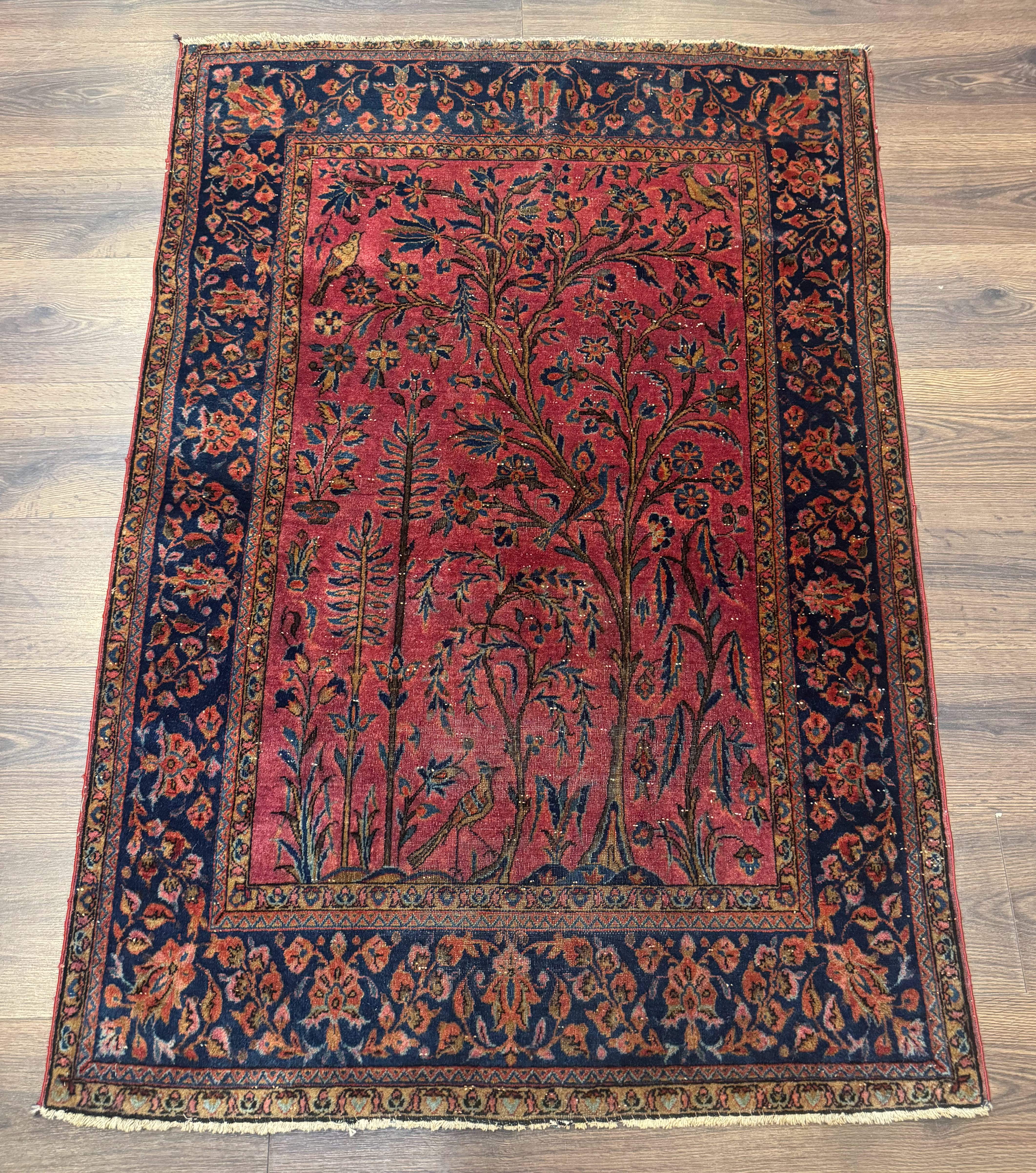 Antique Persian Tree of Life Rug 3x5, Manchester Wool, Bird Pictorials, Fine 240 KPSI, Red Navy Blue - Jewel Rugs