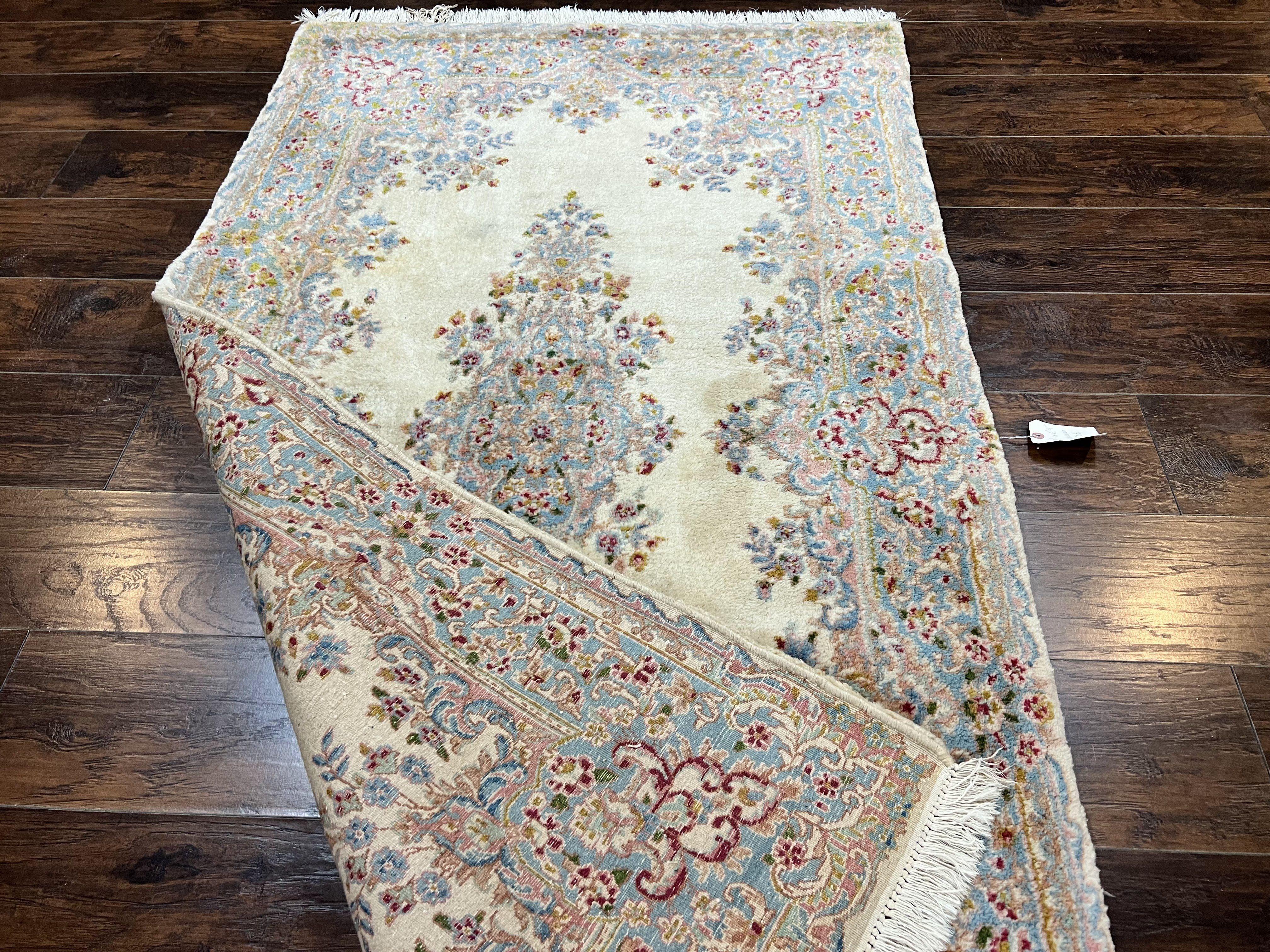 Persian Kirman Rug 4x7, Wool Handmade Vintage Carpet, Cream & Light Blue, Semi Open Field, Traditional Oriental Rug - Jewel Rugs