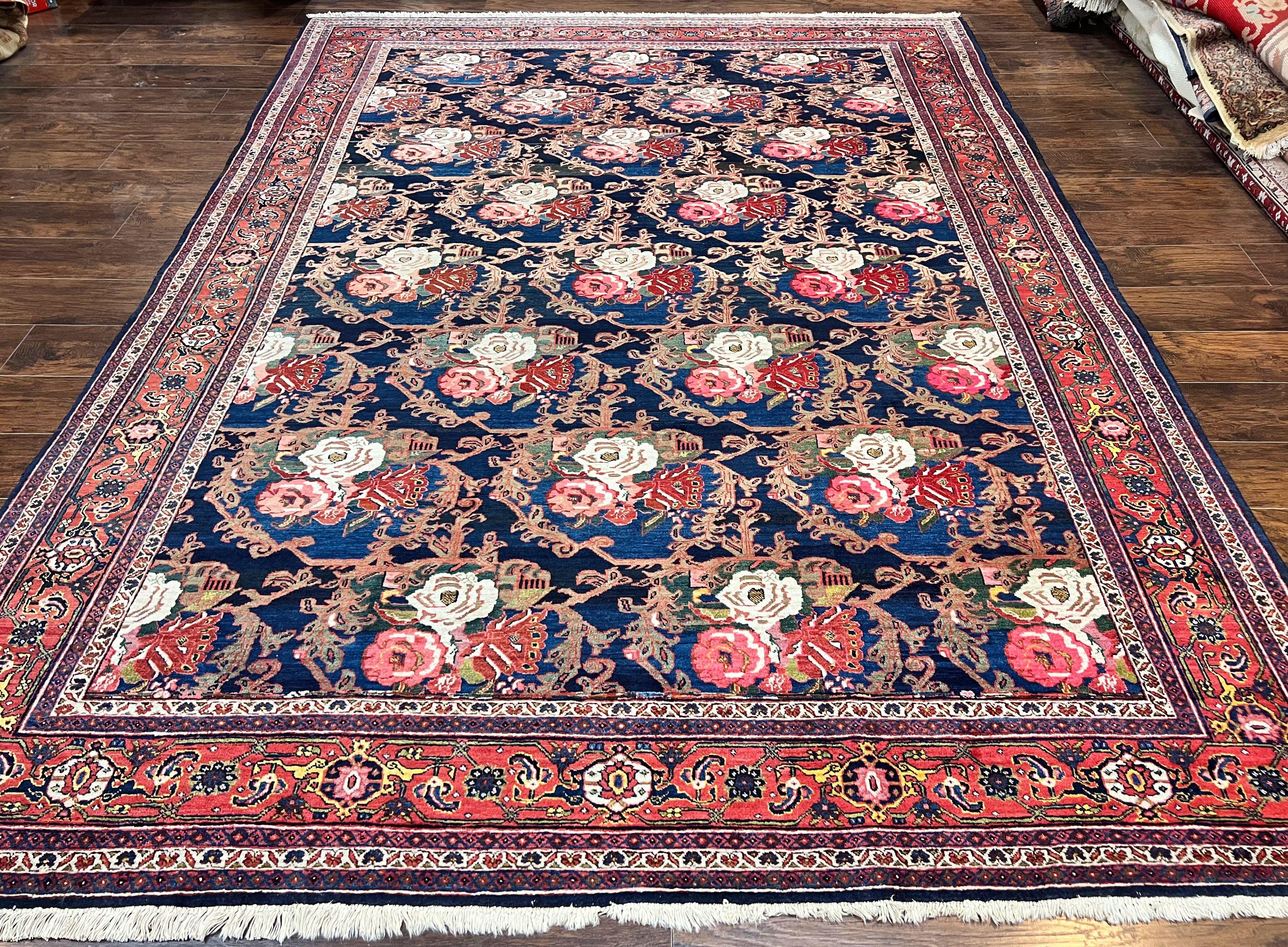 Persian Bidjar Rug 8x11, Floral Bouquets, Blue Black Red Pink, Handmade Hand Knotted Vintage Semi Antique Oriental Carpet - Jewel Rugs