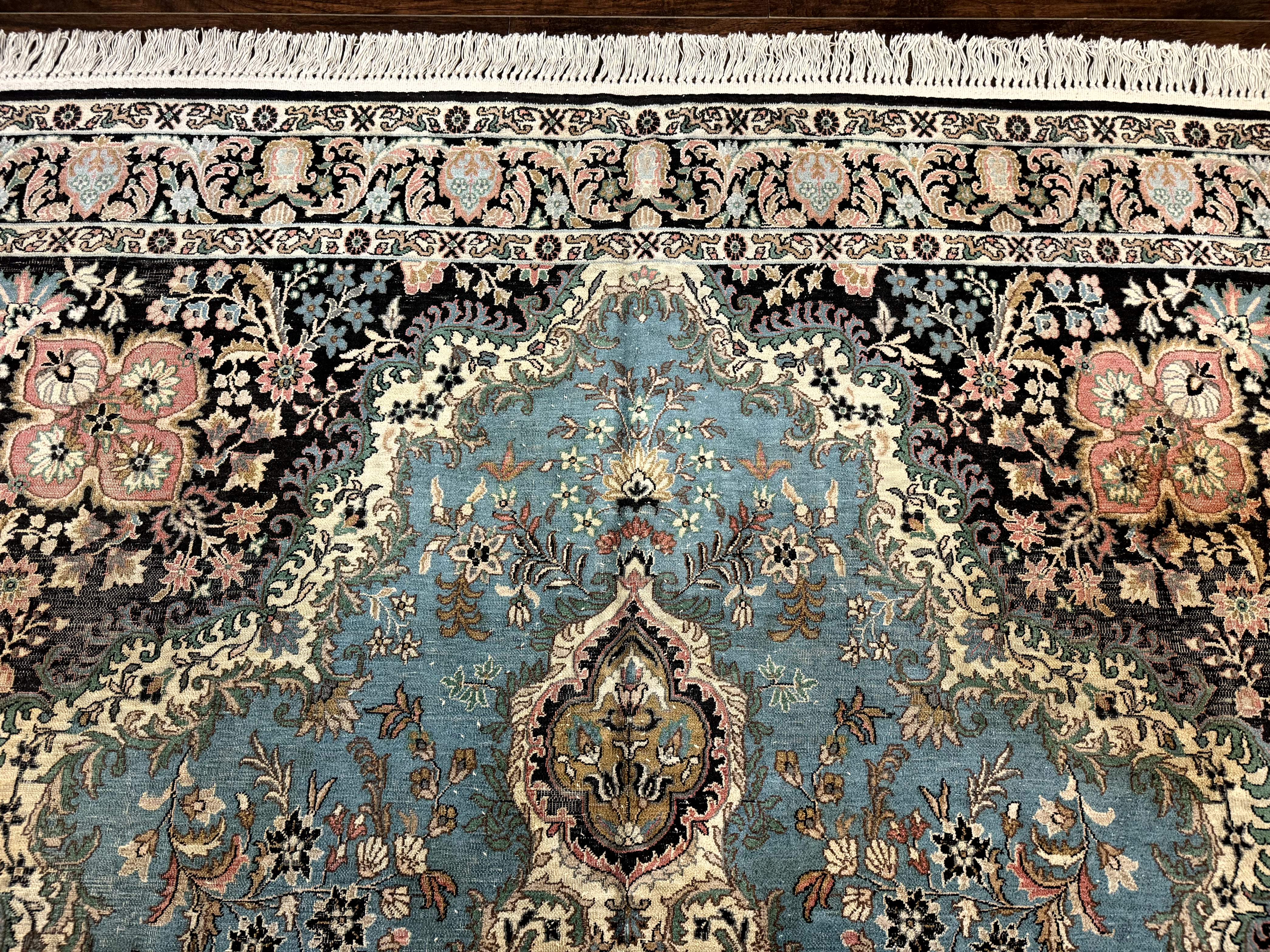 Silk Indian Kashmiri Rug 7x10 – Light Blue, Handmade Vintage Carpet, Low Pile - Jewel Rugs