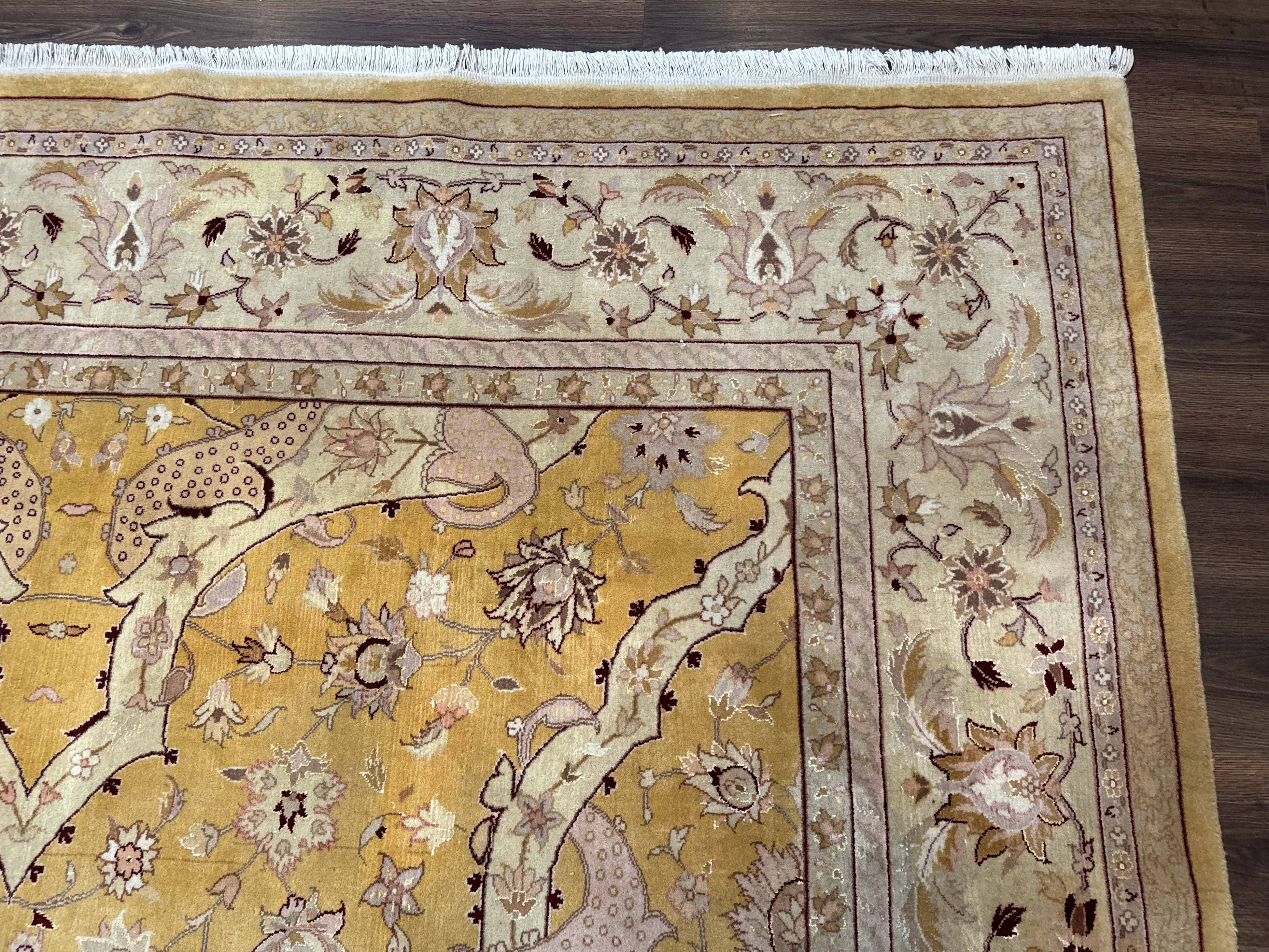 Sino Persian Rug 8x11, Wool with Silk Highlights, Unique Colors, Gold and Light Green, Fine 240 KPSI - Jewel Rugs