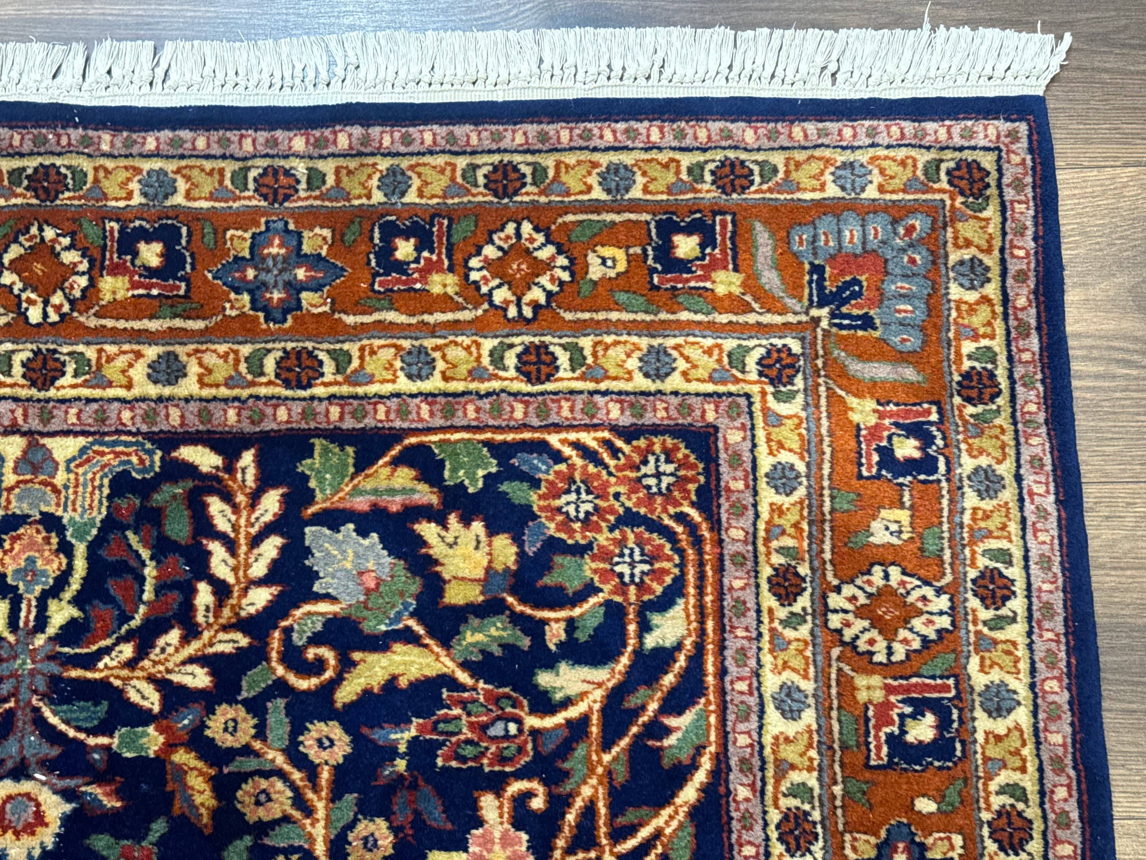 Indo Persian Sarouk Rug 4x6, Blue and Rust Red - Jewel Rugs