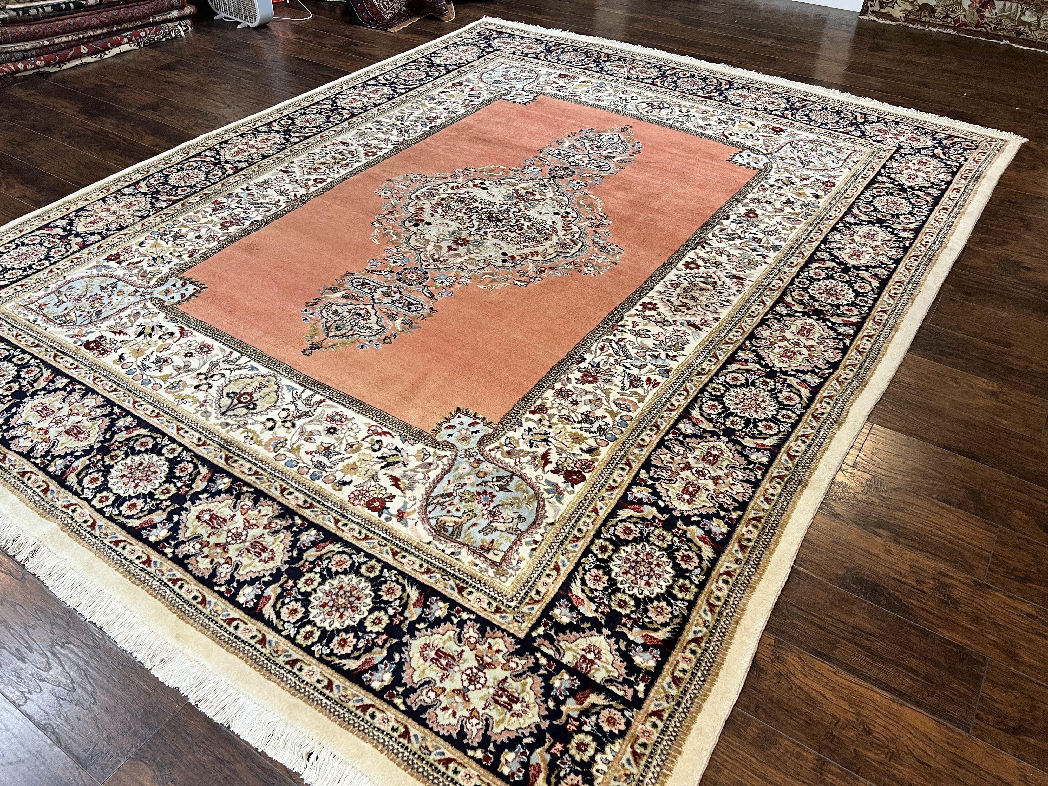 Persian Tabriz Rug 10x13, Wool Hand Knotted Vintage Carpet, Salmon Red & Ivory, Semi Open Field, Birds & Animal Motifs, Large Rug - Jewel Rugs