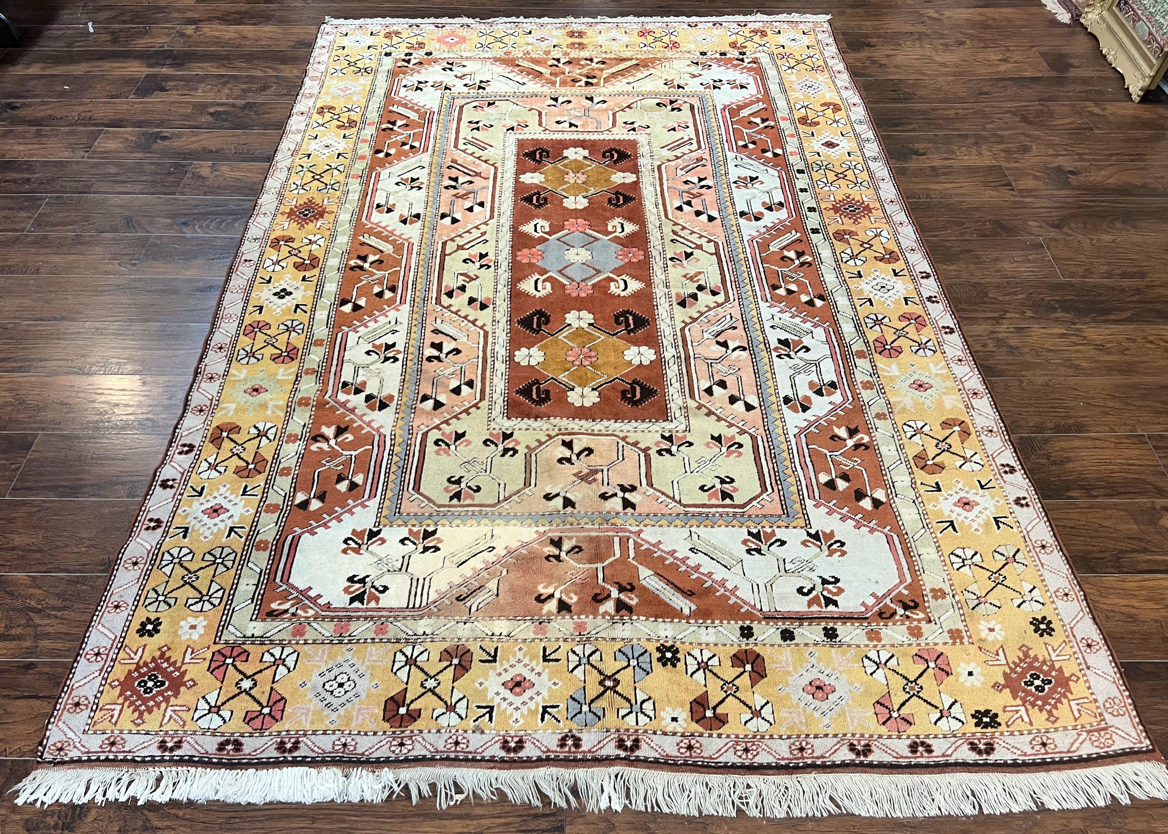 Turkish Rug 7x10, Wool Hand Knotted Vintage Carpet, Geometric Kazak Pattern - Jewel Rugs