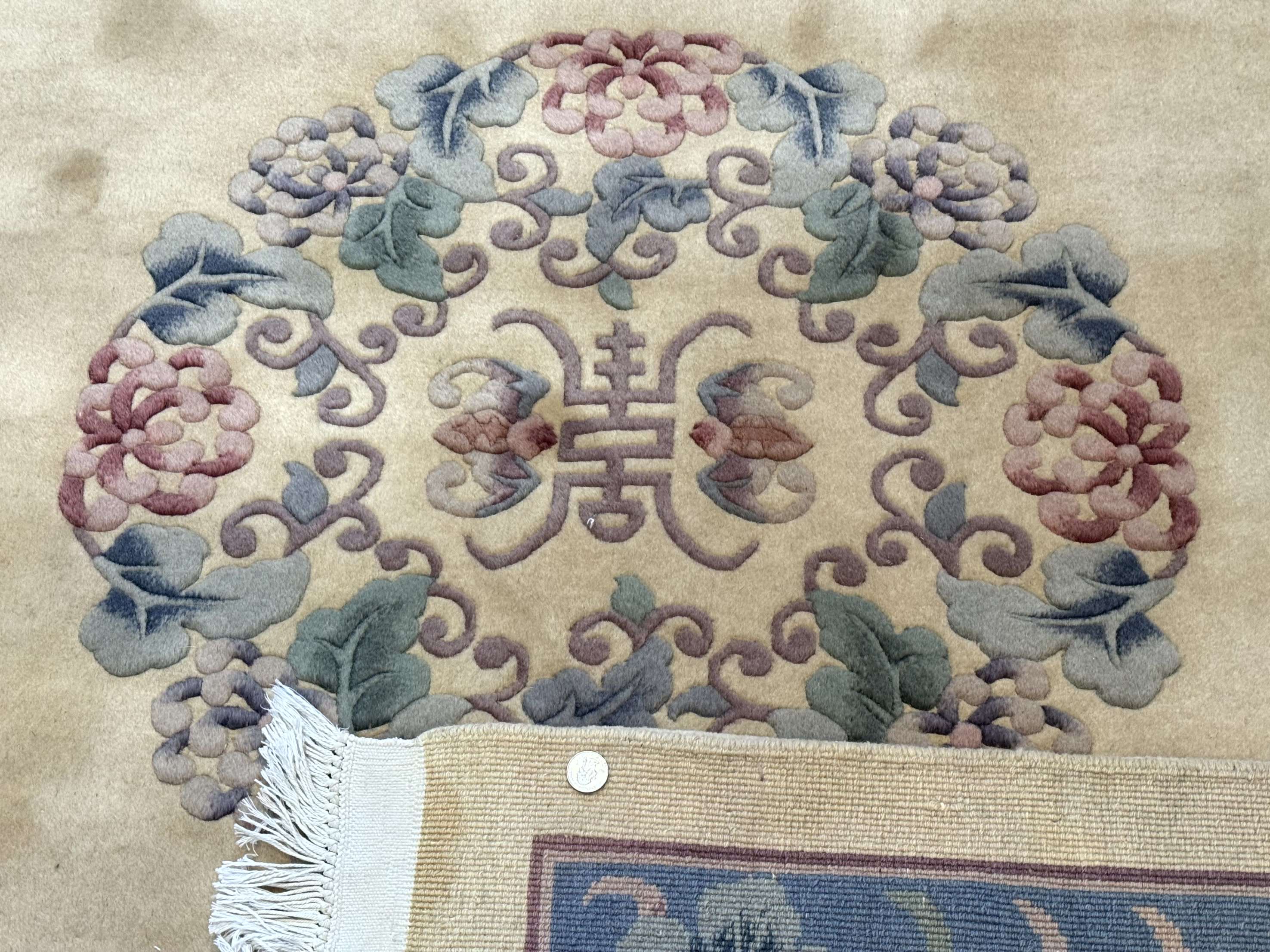 Chinese Wool Rug 8x10, Chinese 90 Line Carpet, Carving Sculpted Rug, Cream and Light Blue - Jewel Rugs
