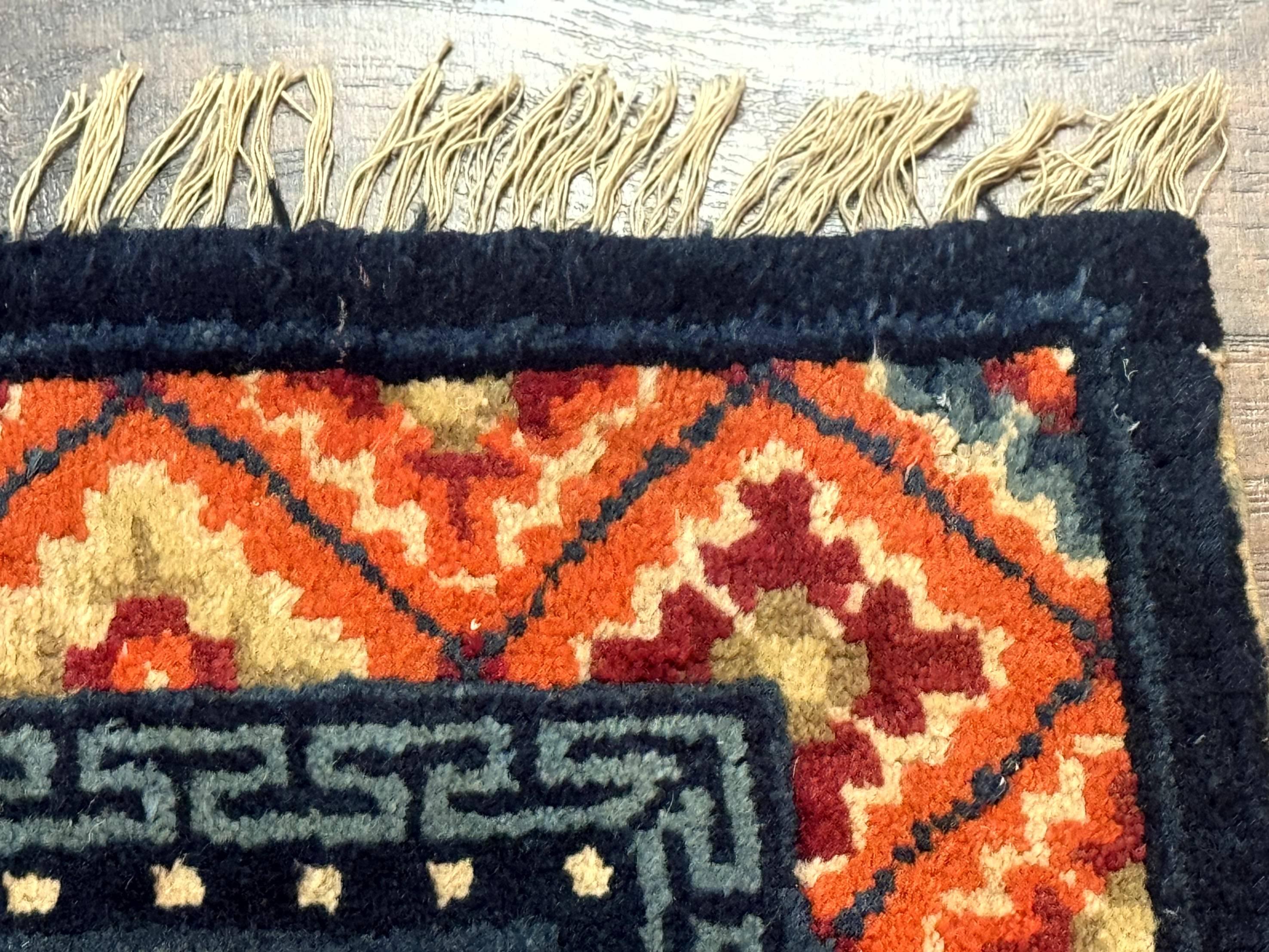 Small Antique Chinese Square Rug 2x3, Tibetan Rug, Red Orange Blue, 1920s Rug - Jewel Rugs