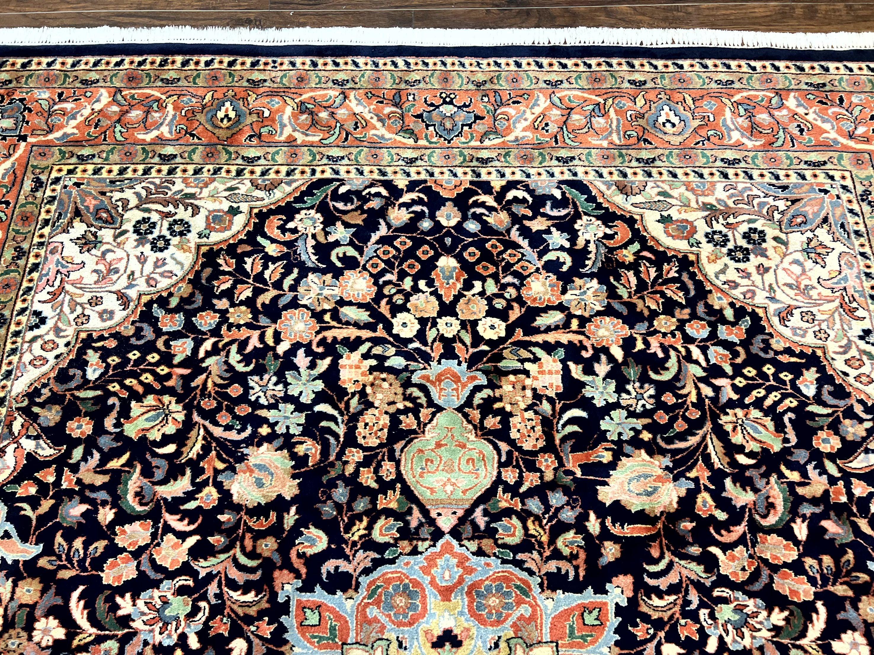 Indo Persian Rug 8x10, Midnight Blue & Red, Handmade Vintage Wool Carpet, Floral Medallion - Jewel Rugs