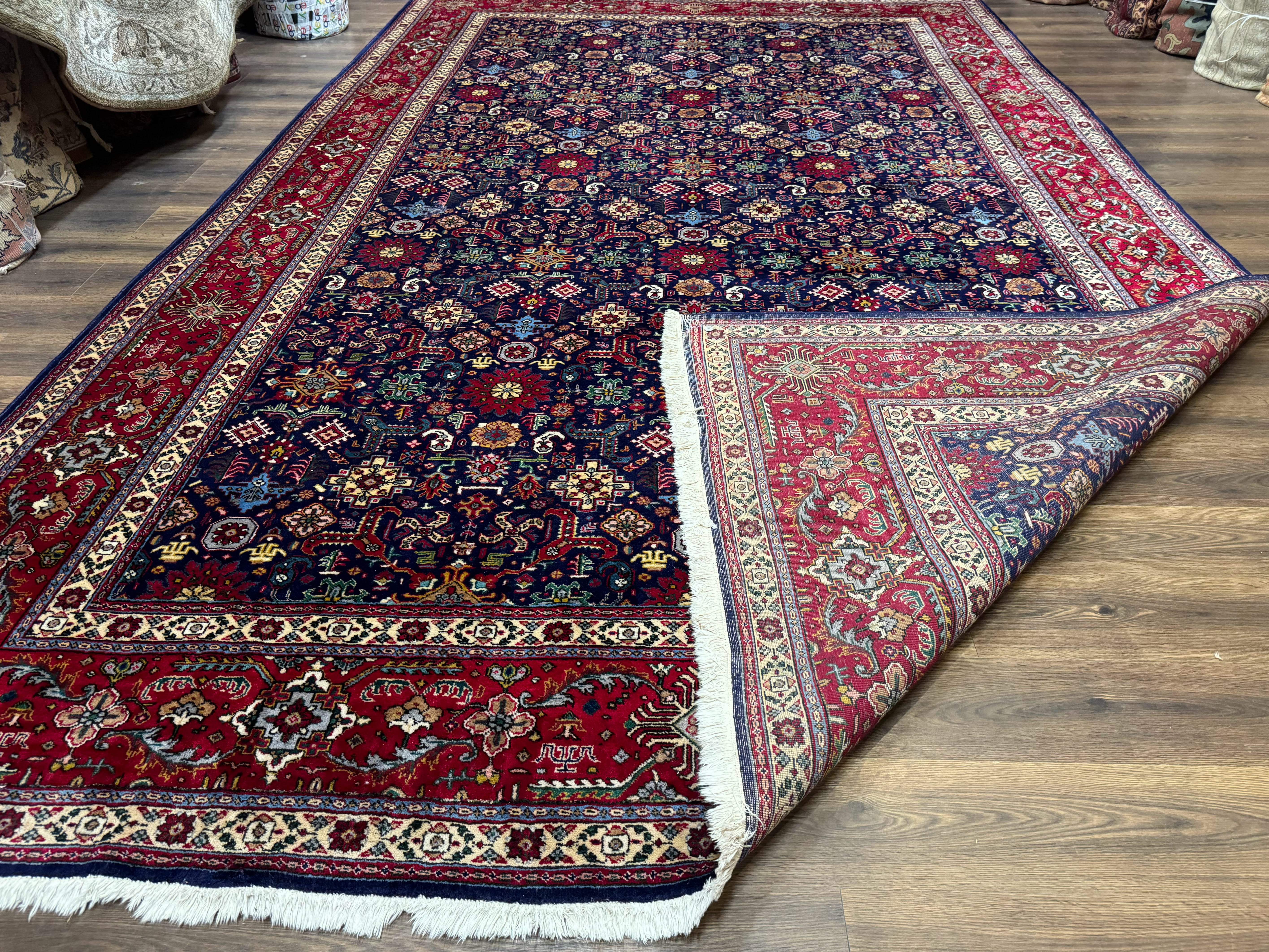 Large Persian Tabriz Rug 10x16, Navy Blue and Red, Allover Pattern, Vintage Hand Knotted Wool Carpet - Jewel Rugs