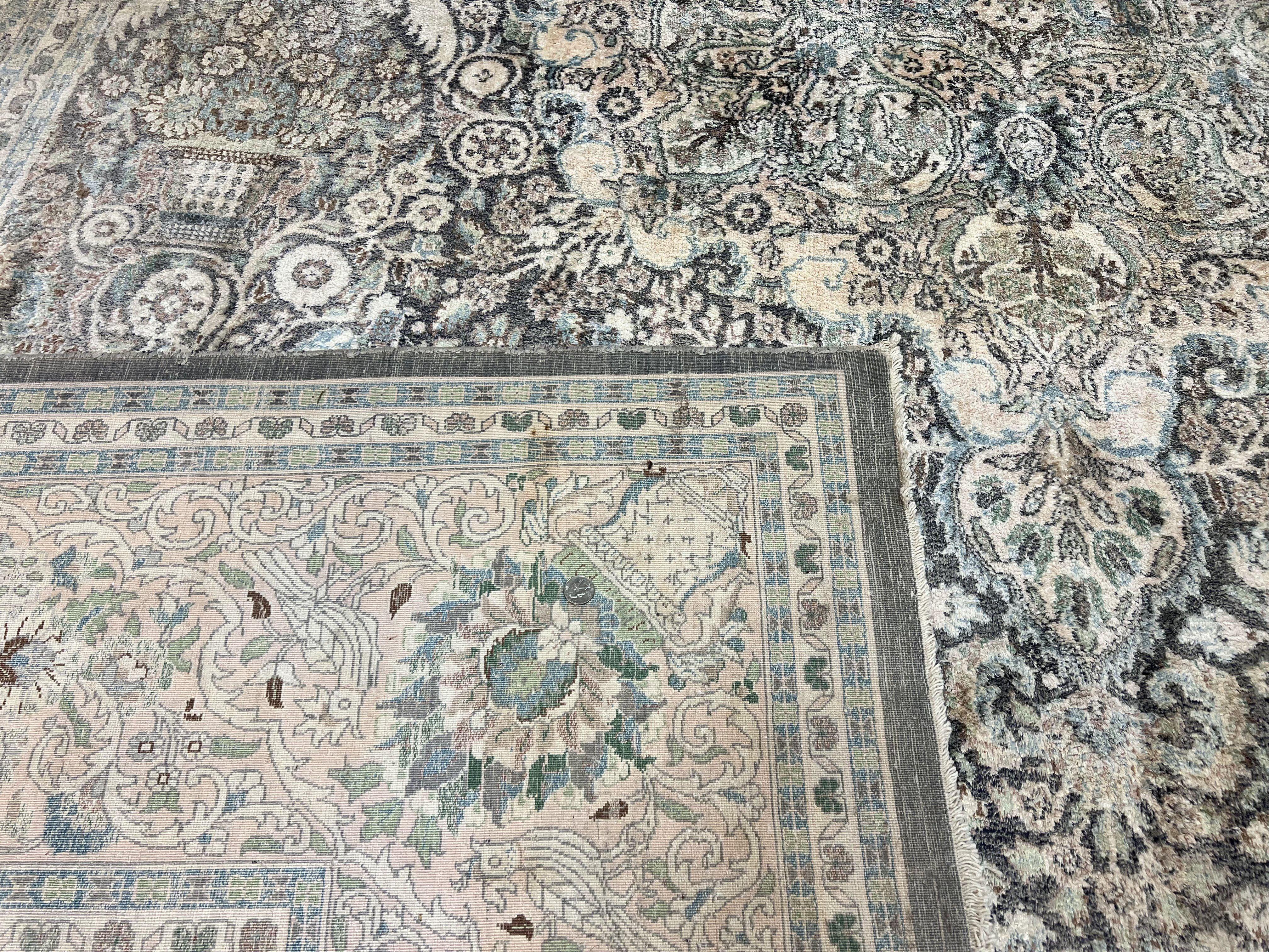 Silk Pak Persian Rug 10x14, Large Fine Silk Carpet 300 KPSI, Dark Gray, Handmade Vintage Rug, Floral, Bird Motifs - Jewel Rugs