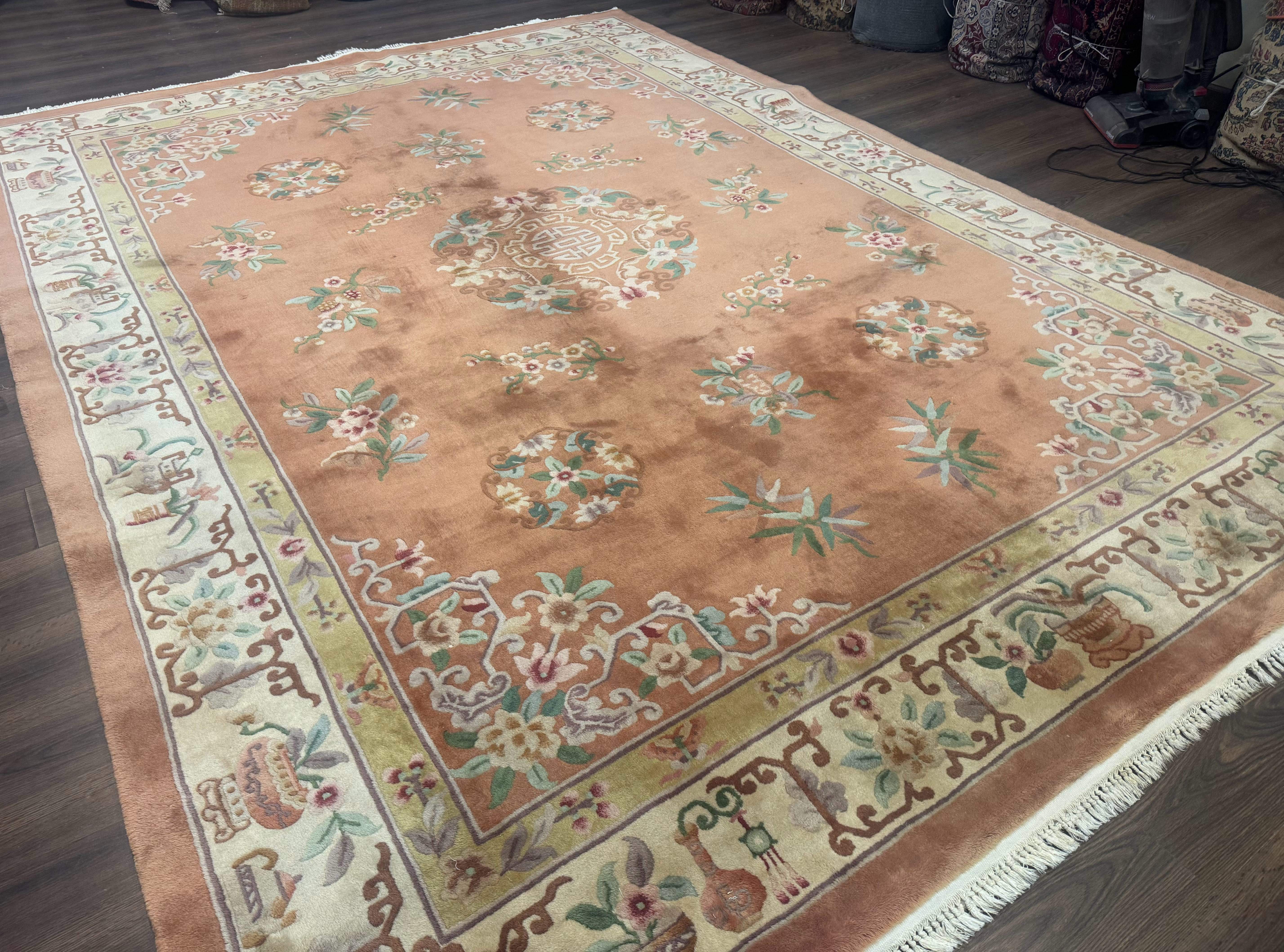 Chinese Wool Rug 9x12 – Apricot-Peach, Hand-Knotted Wool Vintage 90 Line Carpet - Jewel Rugs