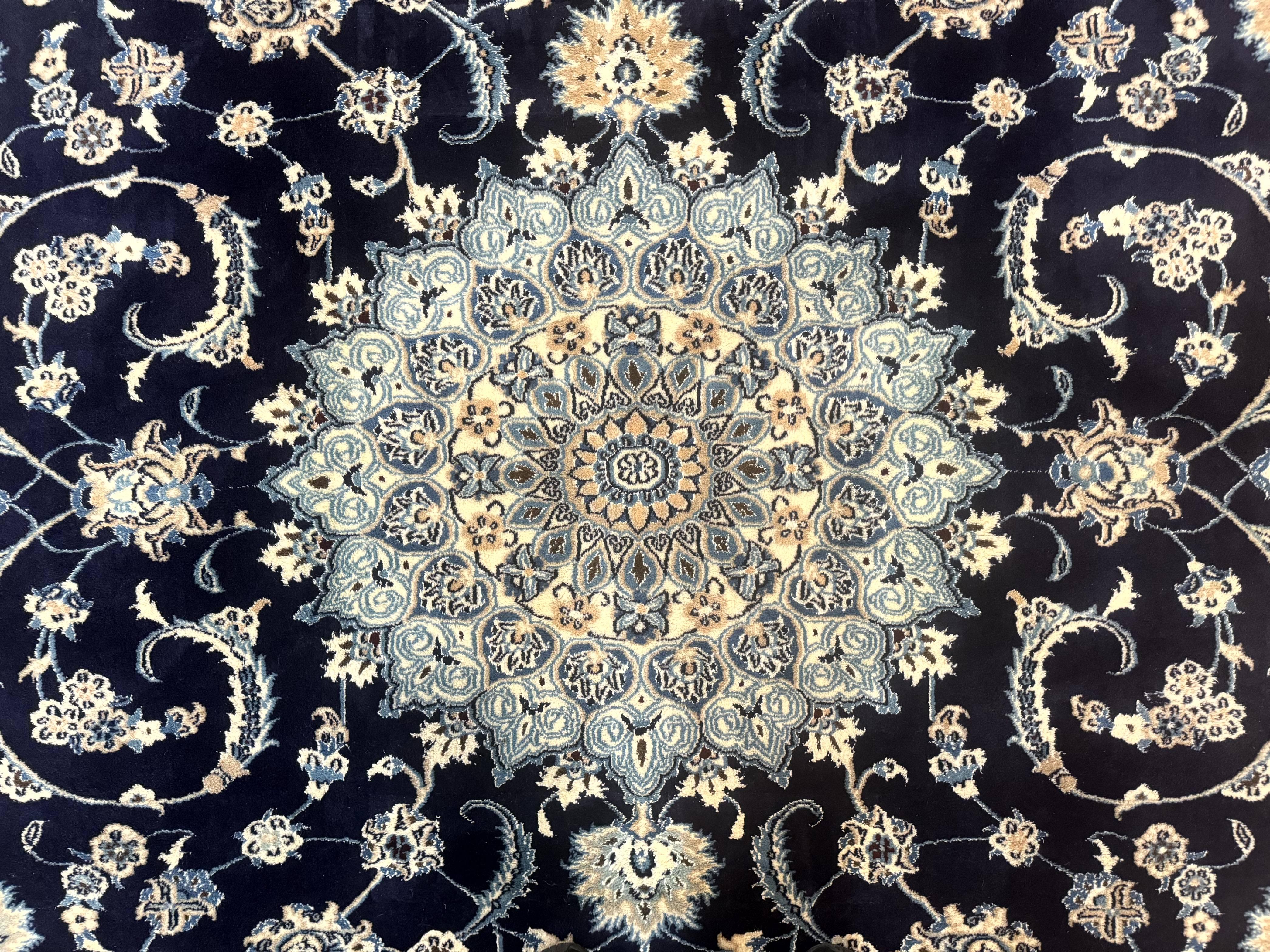 Persian Nain Rug 8x11, Navy Blue and Ivory, Handmade Wool Vintage Carpet, Floral Medallion - Jewel Rugs