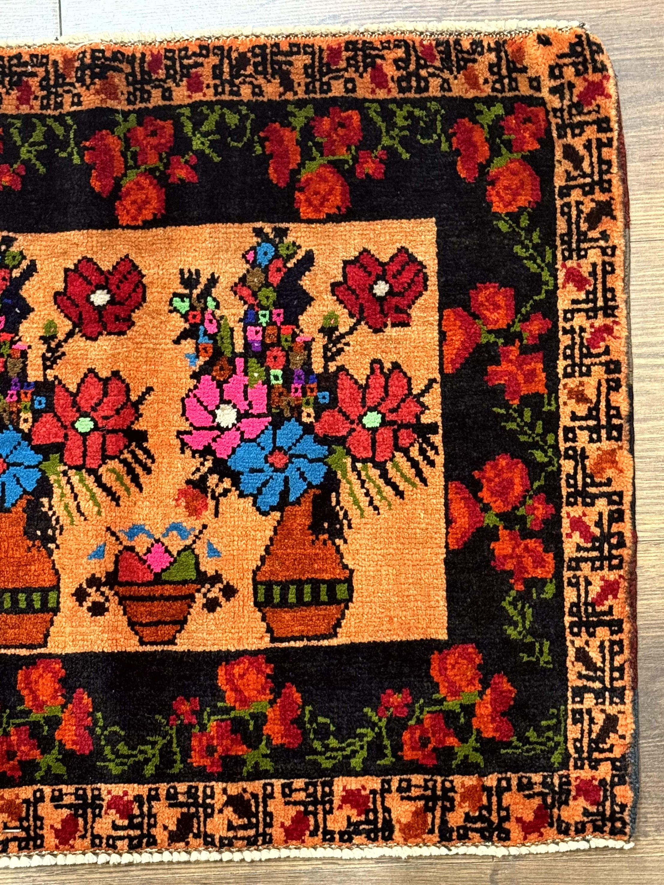 Small Persian Balouchi Rug 2x2, Floral Vases, Tribal Rug - Jewel Rugs