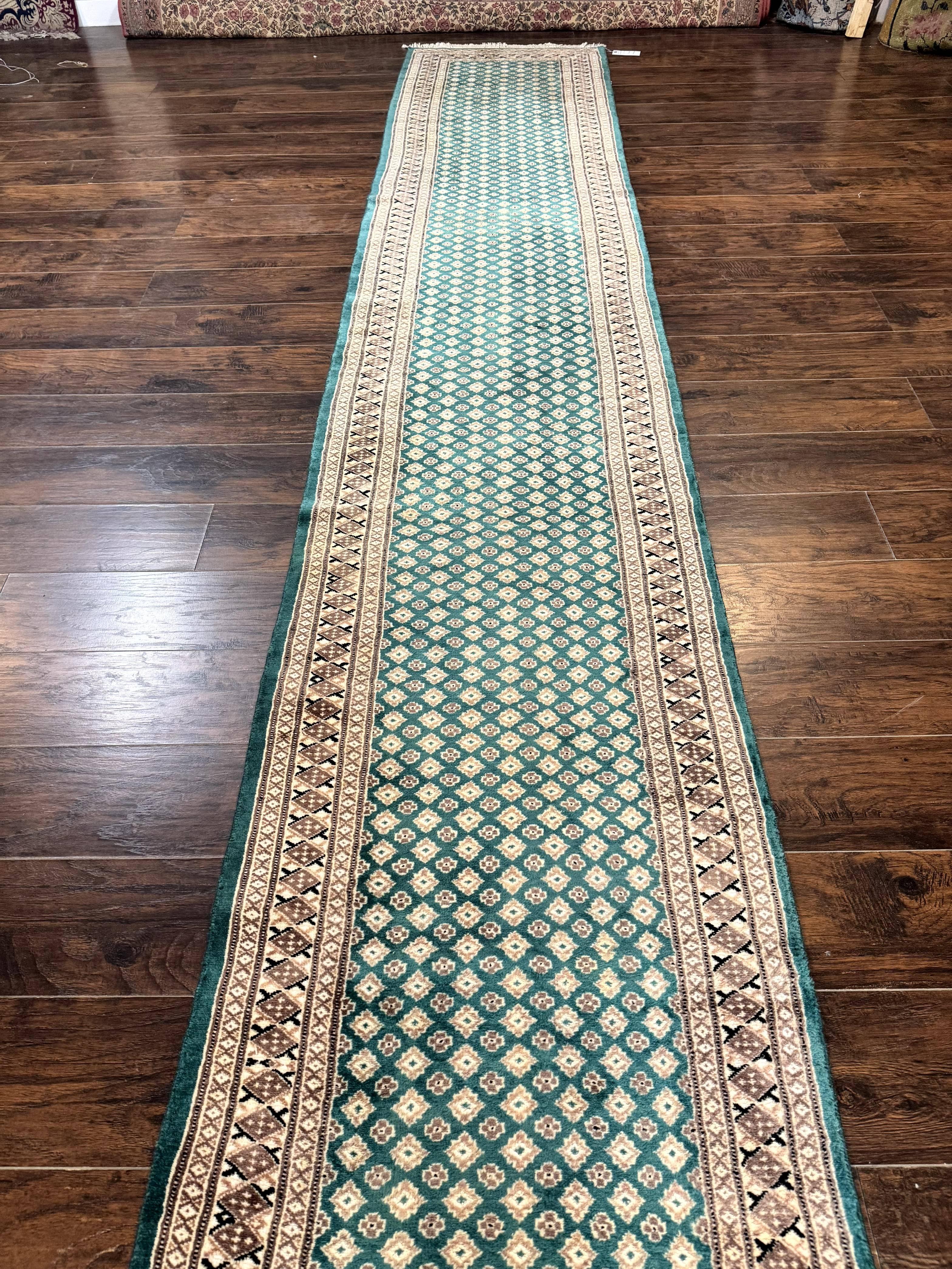 Long Pakistani Runner Rug 2.8 x 20, Hand Knotted Vintage Wool Hallway Rug, Turkoman Rug, Teal and Tan, Handmade Vintage Wool Runner - Jewel Rugs
