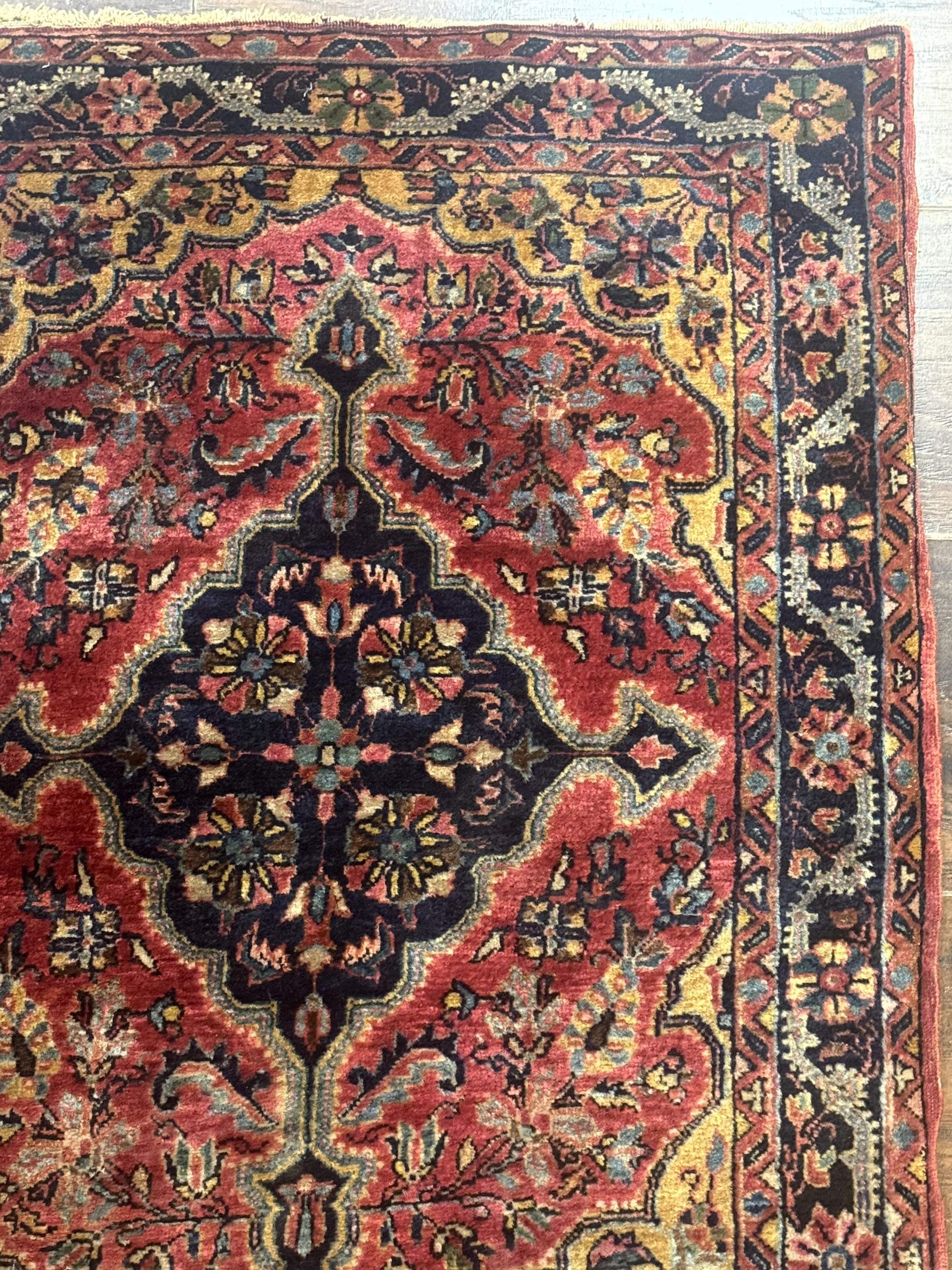 Persian Sarouk Rug 2x3 – Red and Navy, Small Hand-Knotted Wool Antique Accent Rug - Jewel Rugs