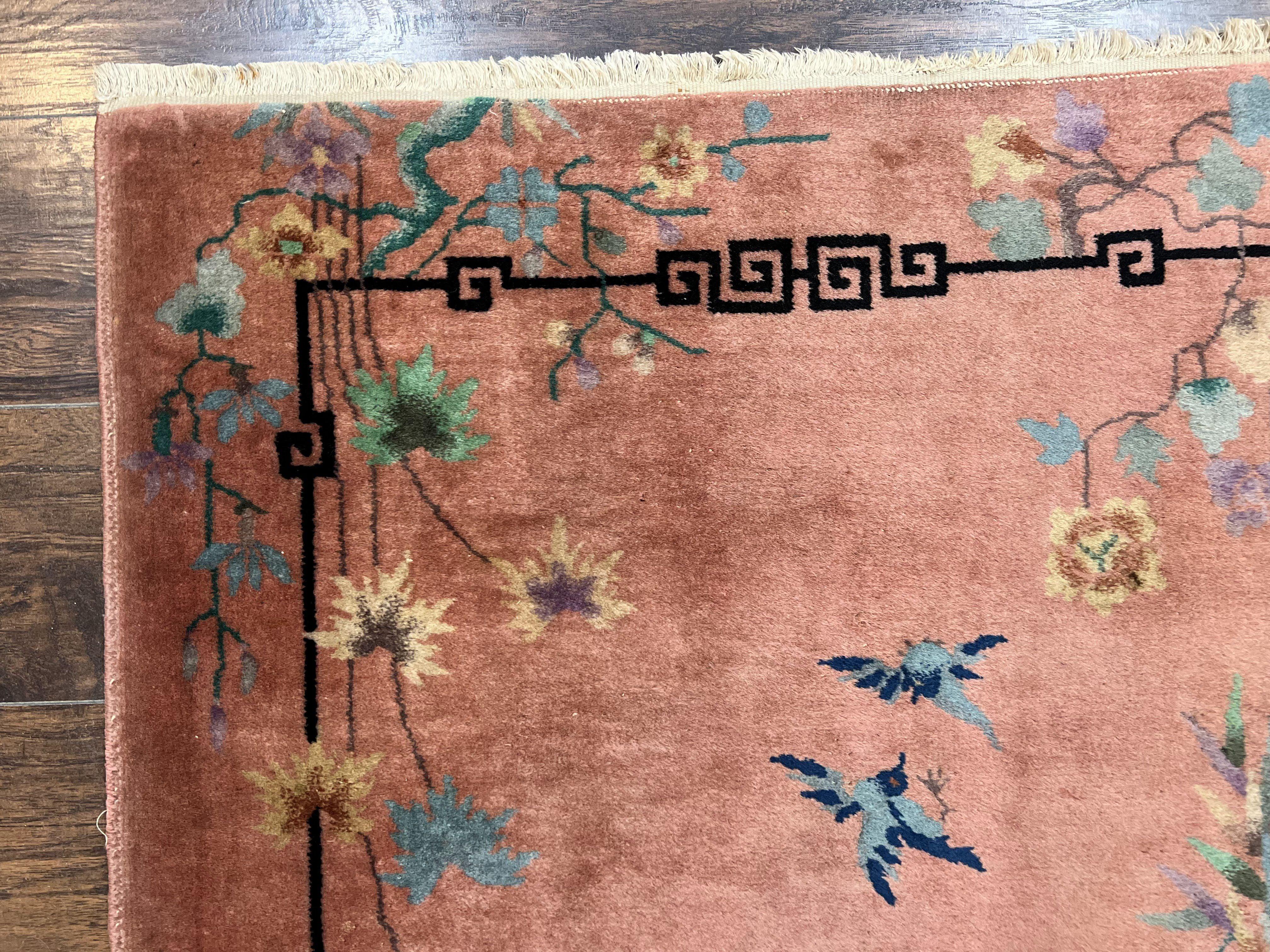 Chinese Art Deco Rug 3x5, Wool Hand Knotted Semi Antique Vintage Carpet, Salmon Red, Birds Flowers, Asian Oriental Rug 3 x 5 - Jewel Rugs