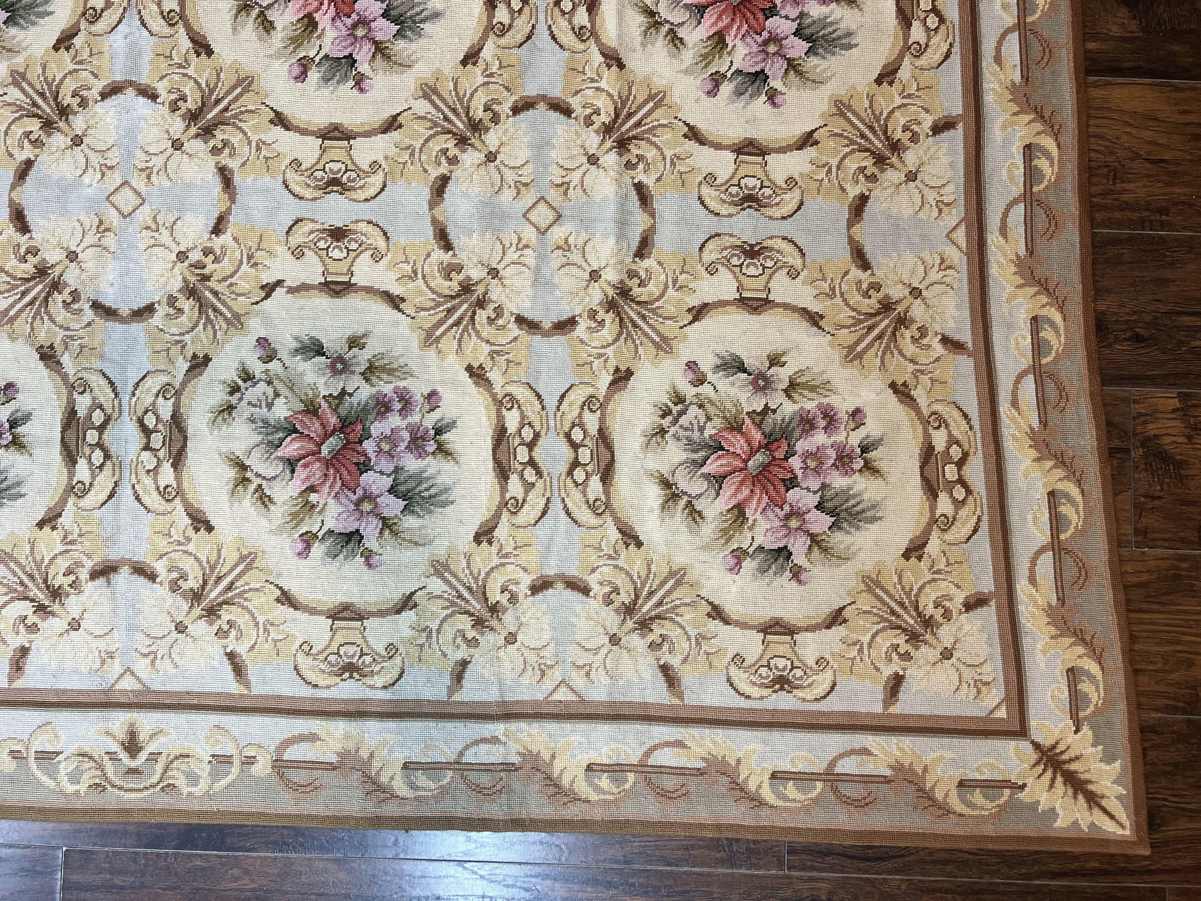 Chinese Needlepoint Rug 8x11, Handmade Wool Needlepoint Carpet, Vintage, Sky Blue - Jewel Rugs