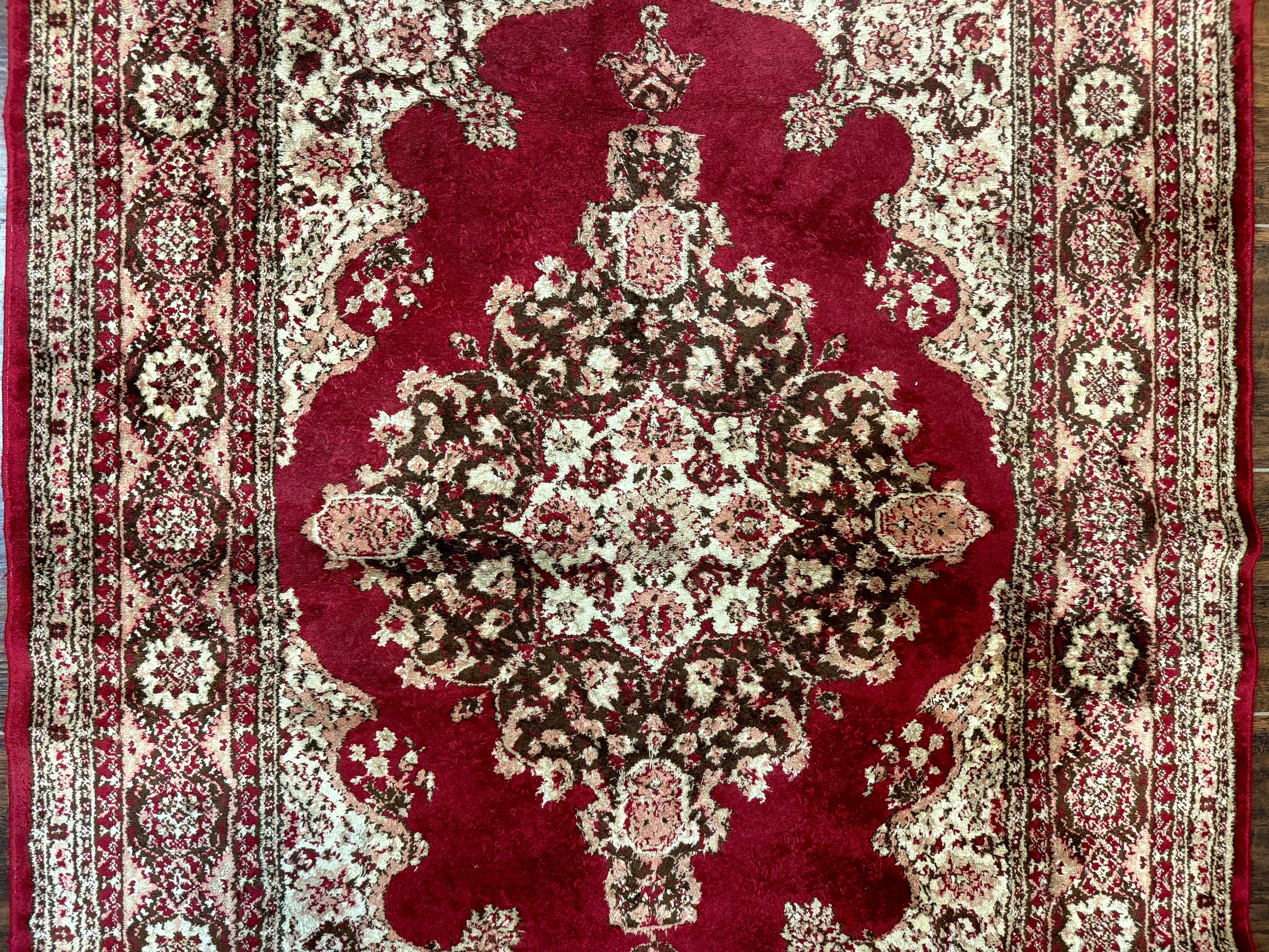 Vintage Art Silk Rug 3x4, Traditional Oriental Persian Design Rug, Belgium Power Loomed Rug, Red and Beige, Semi Open Field Kerman Rug - Jewel Rugs