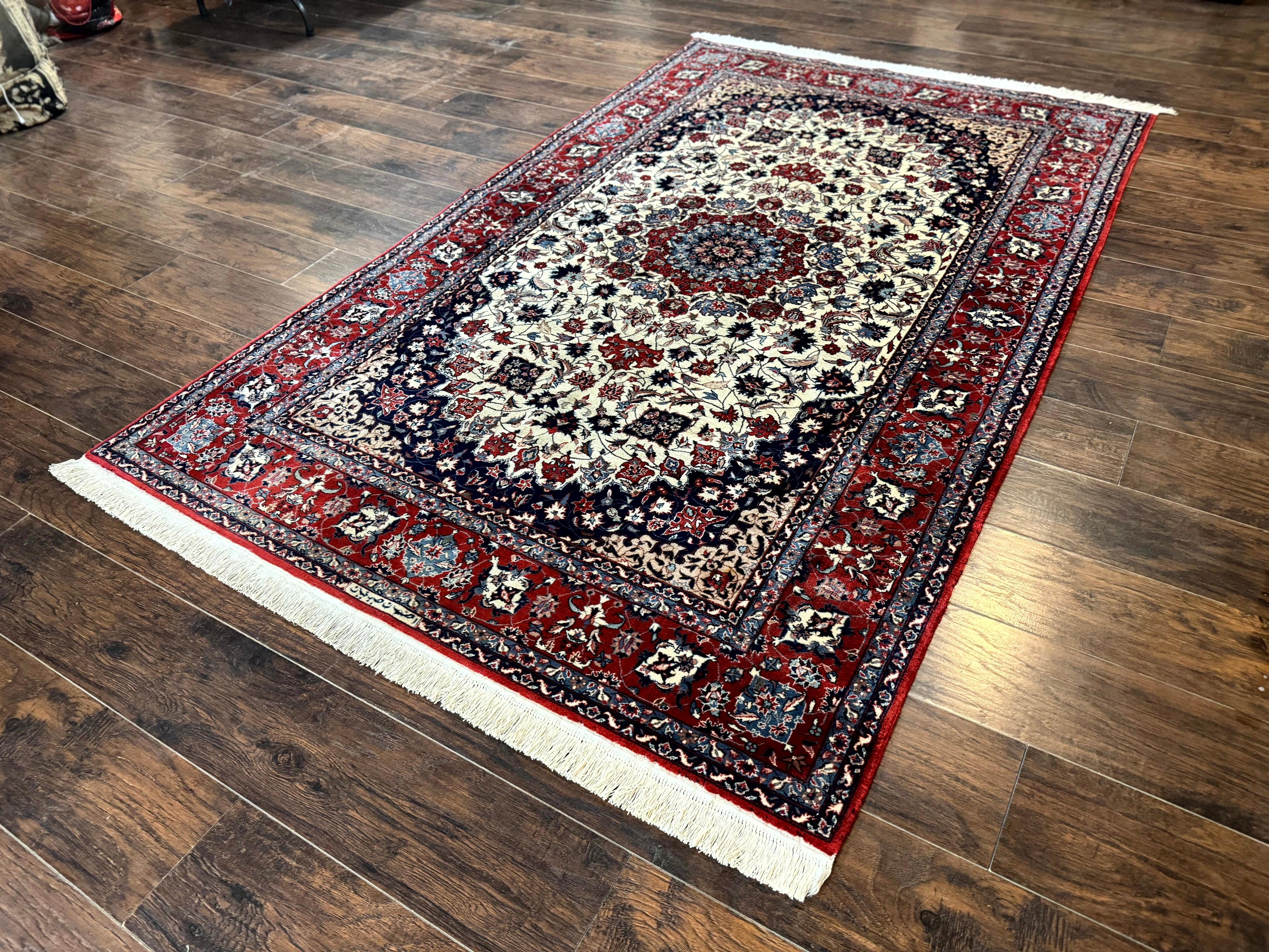 Sno Persian Rug 5x8, Signed by Master Weaver, Beige and Red, Very Fine 290 KPSI - Jewel Rugs