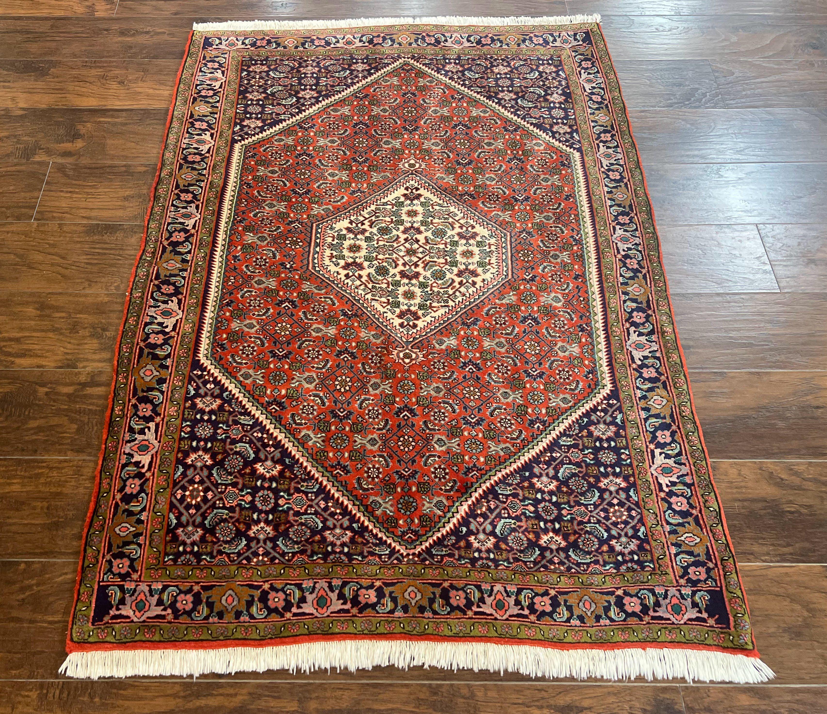 Persian Bidjar Rug 4x5, Finely Hand Knotted Vintage Carpet, Red and Navy Blue, Handmade Wool Rug, 180 KPSI - Jewel Rugs