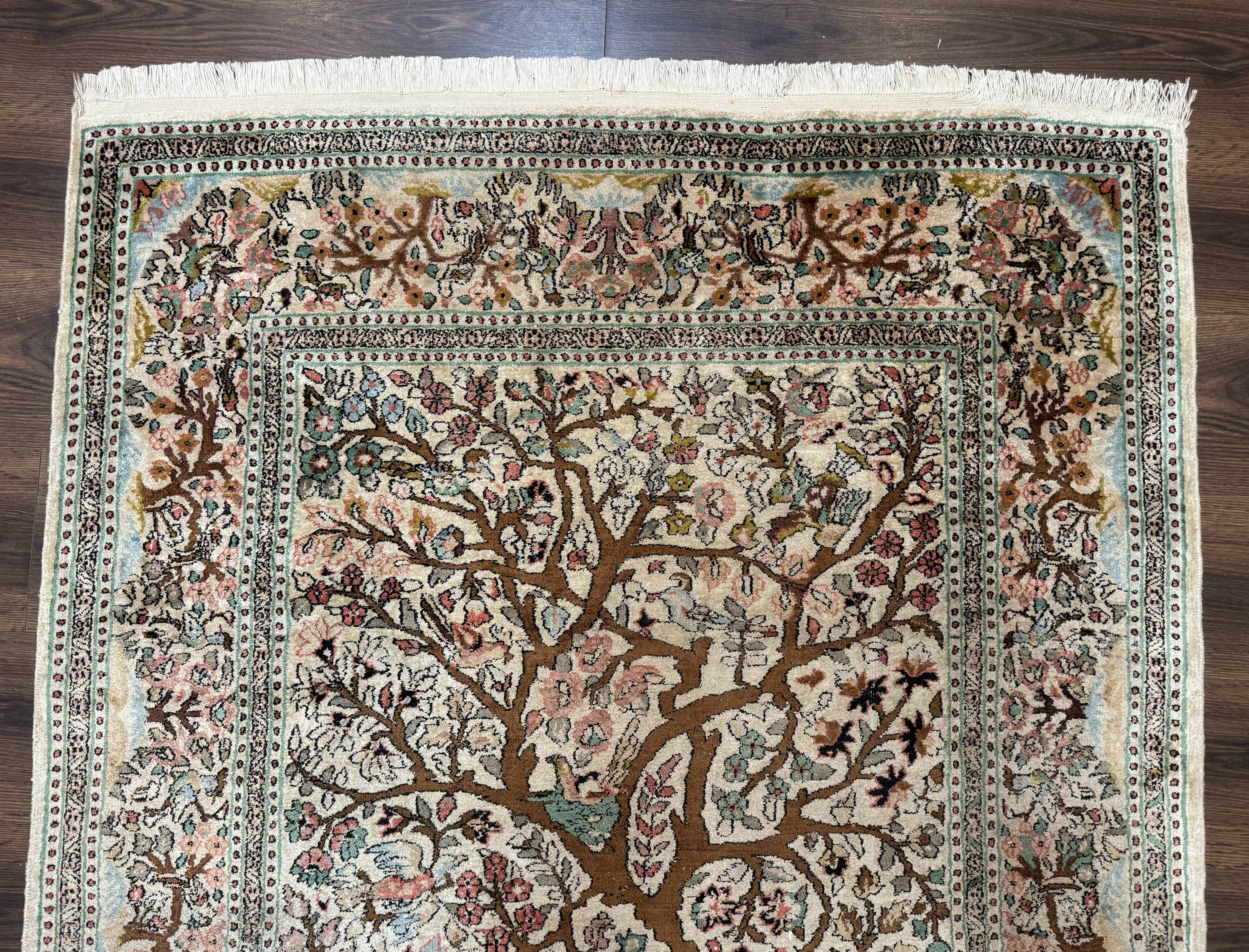 Indian Kashmiri Silk Rug 4x7, Tree of Life Design, Very Fine 380 KPSI, Birds - Jewel Rugs