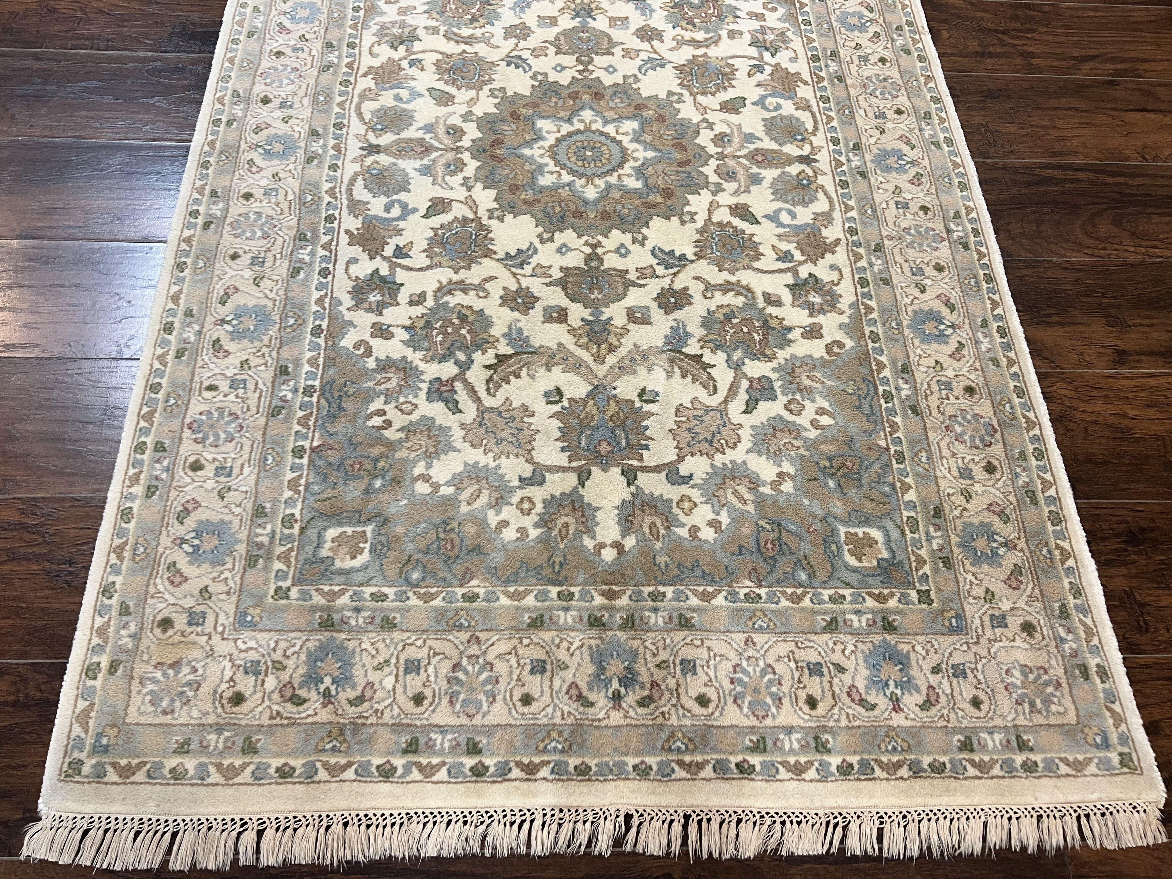 Indo Persian Rug 4x6, Floral Medallion, Beige, Handmade Wool Vintage Carpet 4 x 6 ft - Jewel Rugs