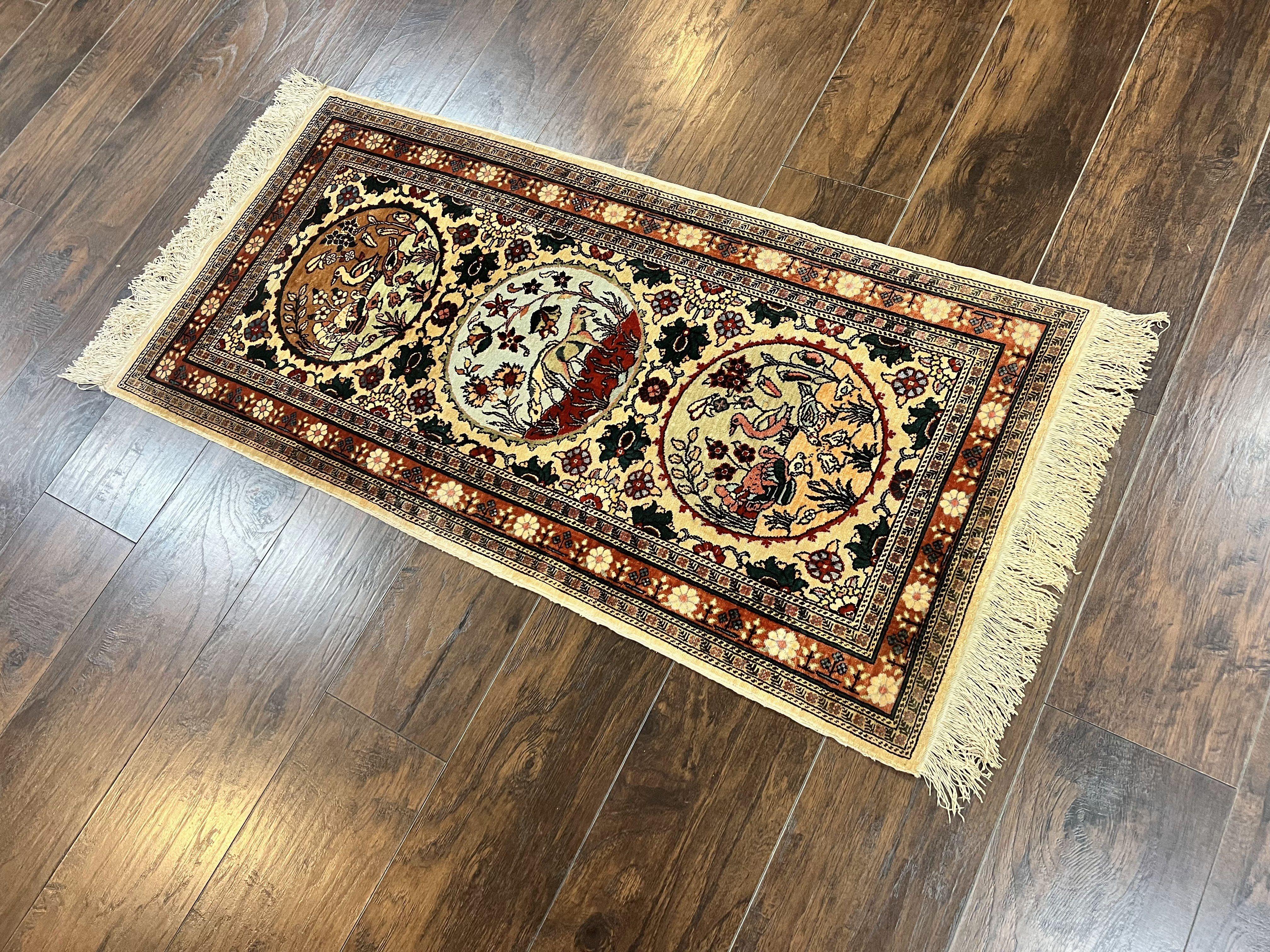 Silk Turkish Rug 2x4, Fine Handmade Oriental Rug, Animal Pictorial Birds Silk Pile on Silk Foundation Vintage Hand Knotted Hereke Carpet - Jewel Rugs