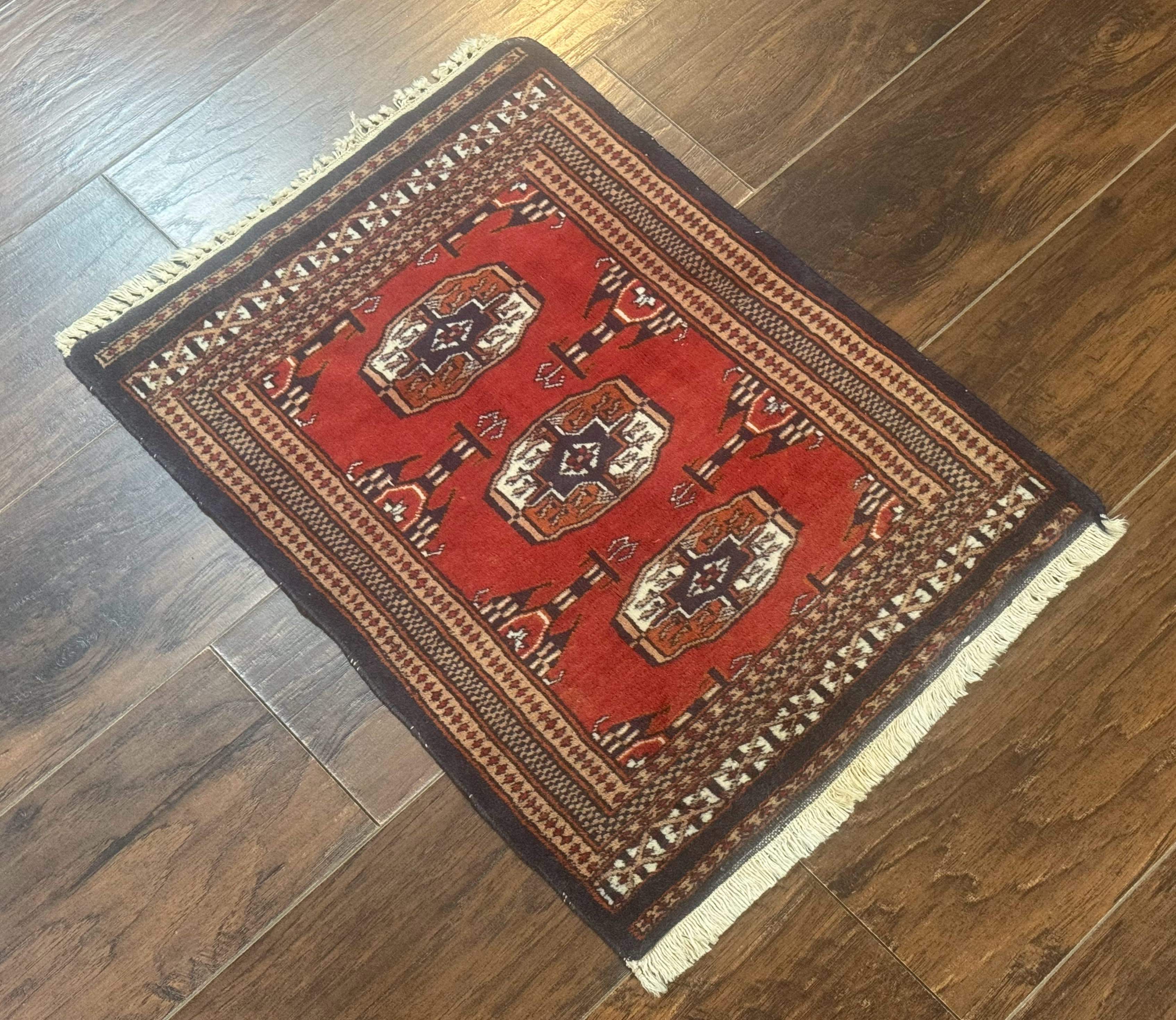 Small Pakistani Bokhara Turkoman Rug, Red, Hand-Knotted Wool Vintage Accent Rug - Jewel Rugs