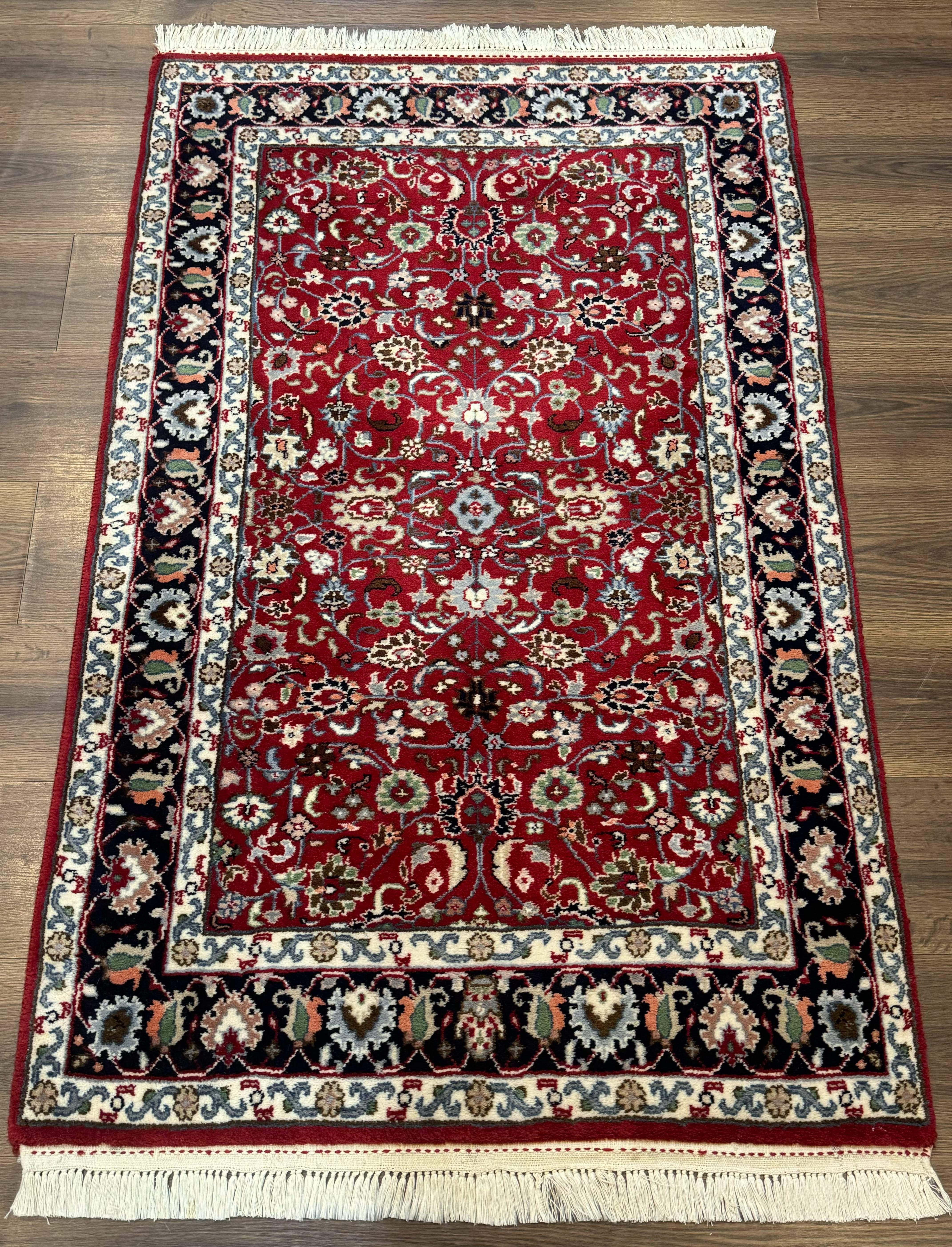 Indo Persian Sarouk Rug 3x5, Red and Dark Blue, Floral, Vintage, Wool - Jewel Rugs