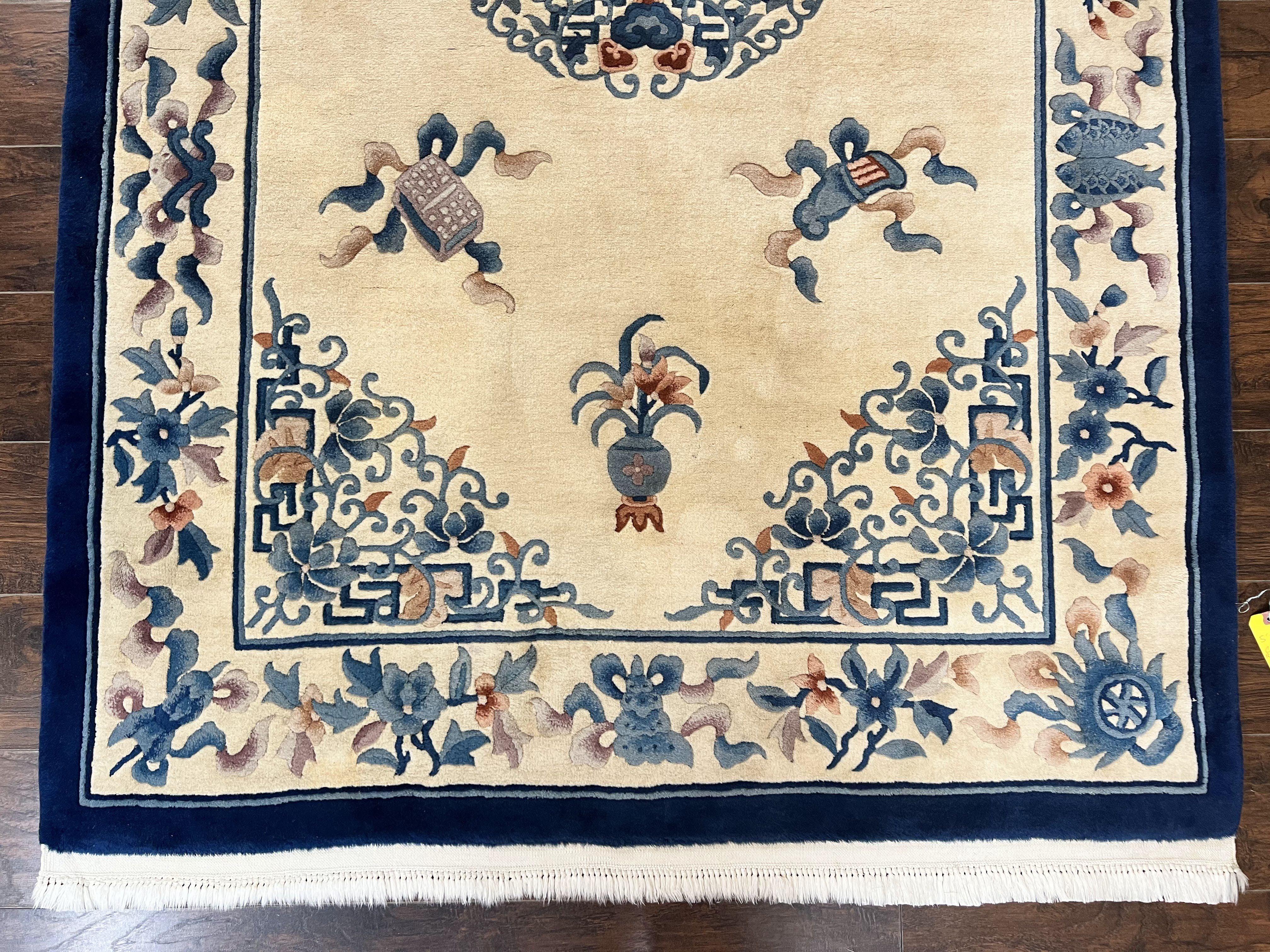 Chinese Wool Rug 5x8, Vintage Art Deco Chinese Carving Sculpture Carpet, Cream and Blue, Handmade Asian Oriental 90 Line Rug - Jewel Rugs