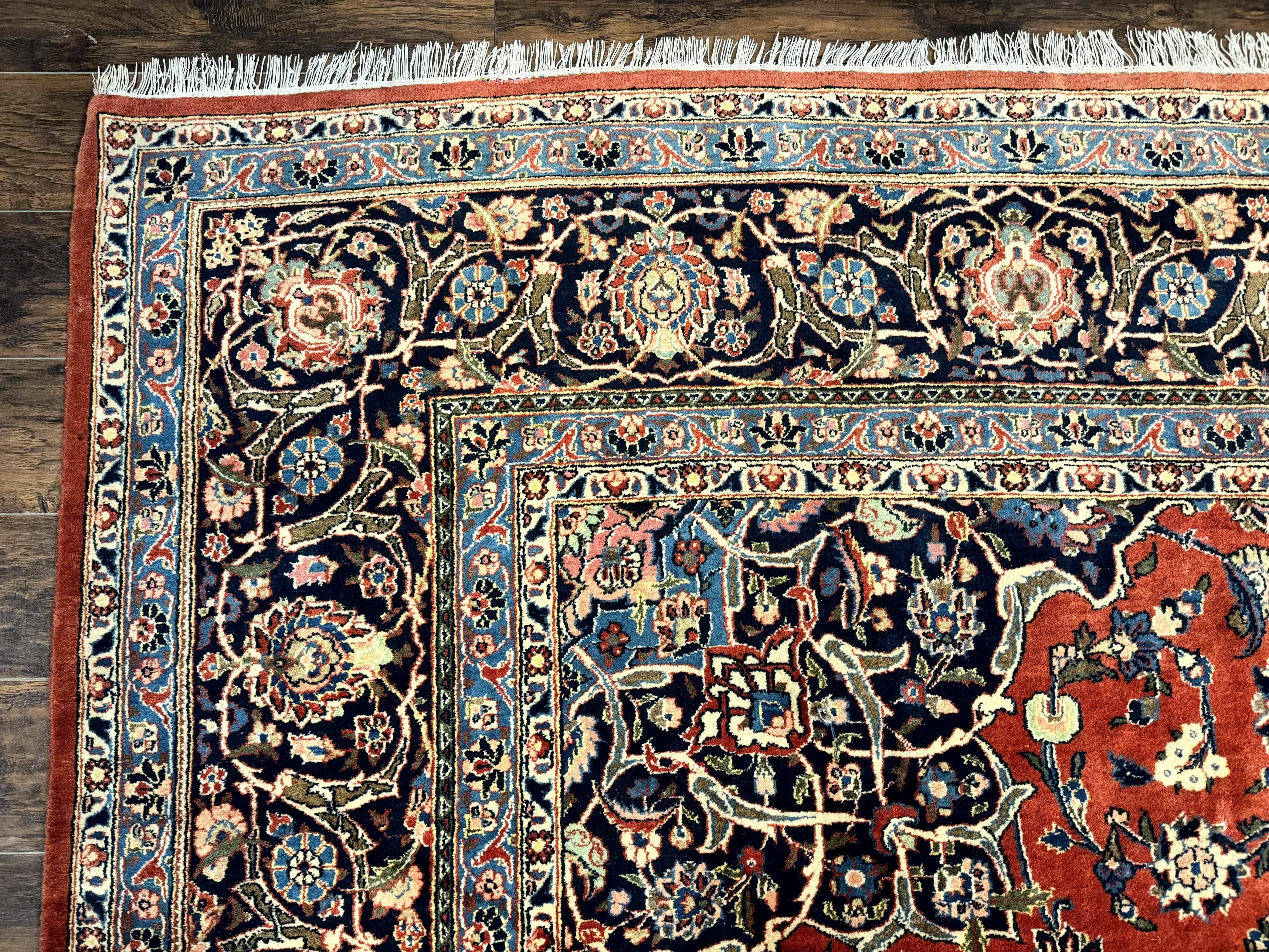 Red Persian Kashan Rug 10x14, Hand-Knotted Semi Antique Floral Medallion Handmade Wool Carpet, Red & Navy Blue - Jewel Rugs